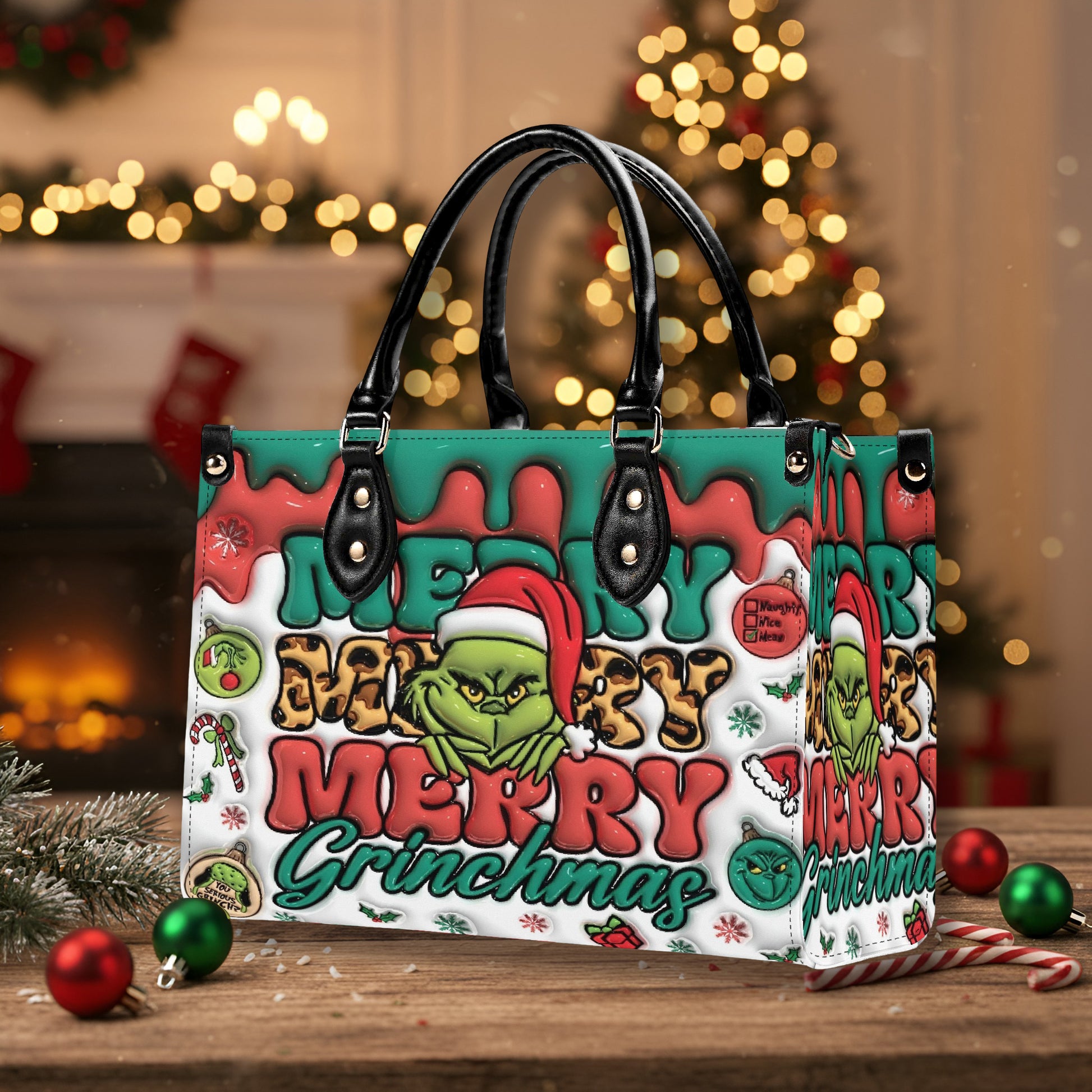 Merry Grinchmas Handbag, Grinch Santa Christmas Tote, Funny Holiday Bag, Festive Winter Purse, Xmas Gift for Her
