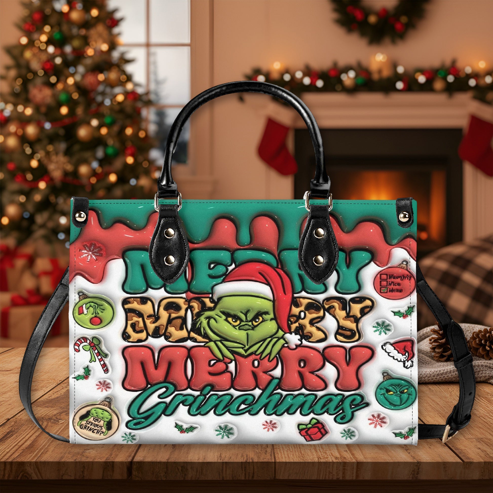 Merry Grinchmas Handbag, Grinch Santa Christmas Tote, Funny Holiday Bag, Festive Winter Purse, Xmas Gift for Her