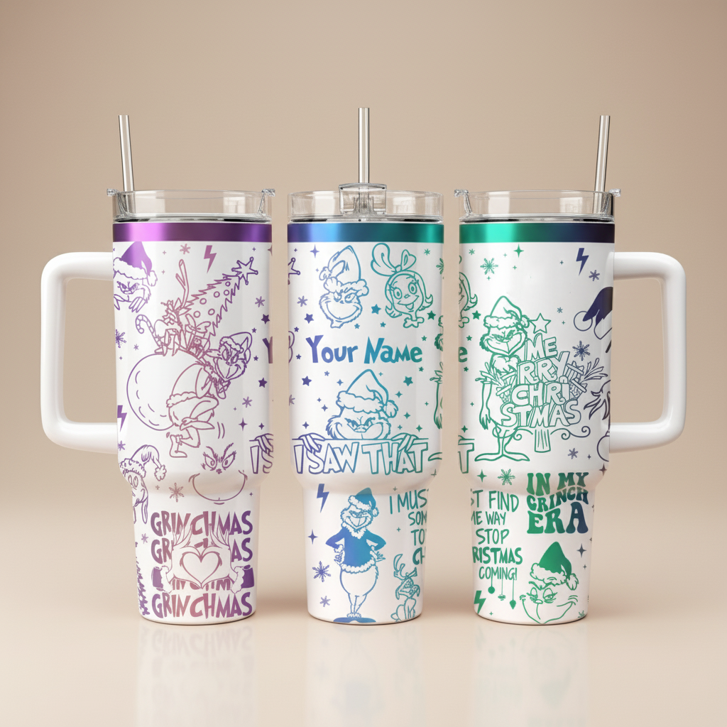 I Saw That Grinch Tumbler, Funny Christmas Pattern Cup, Holiday Gift Mug with Straw and Handle, Holiday Gift Idea, Christmas Gift
