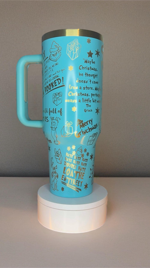 Blue Grinch Tumbler Cup, Christmas Quotes Pattern, Funny Holiday Mug with Handle and Straw, Christmas Gift for Grinch Fans
