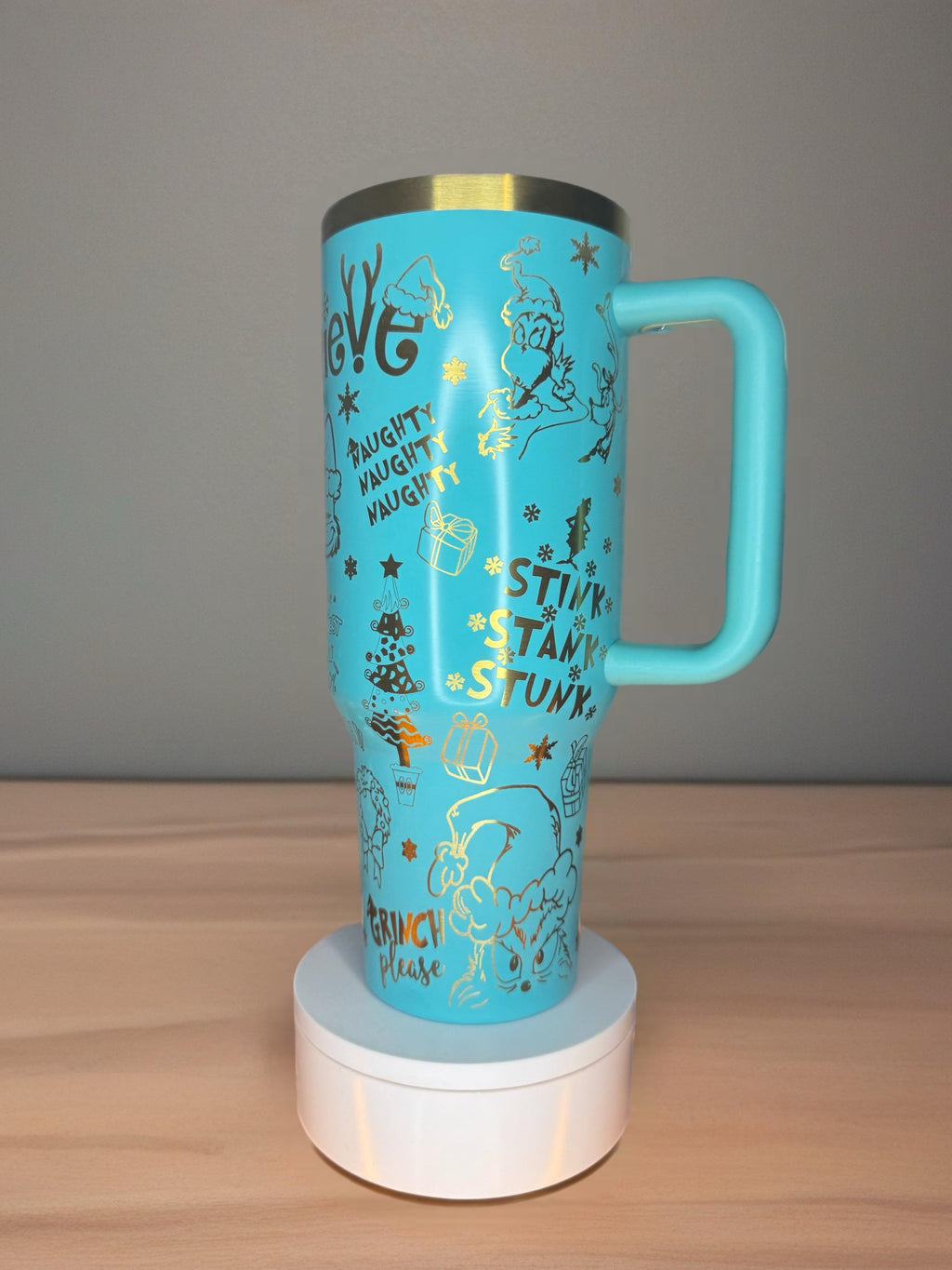 Blue Grinch Tumbler Cup, Christmas Quotes Pattern, Funny Holiday Mug with Handle and Straw, Christmas Gift for Grinch Fans