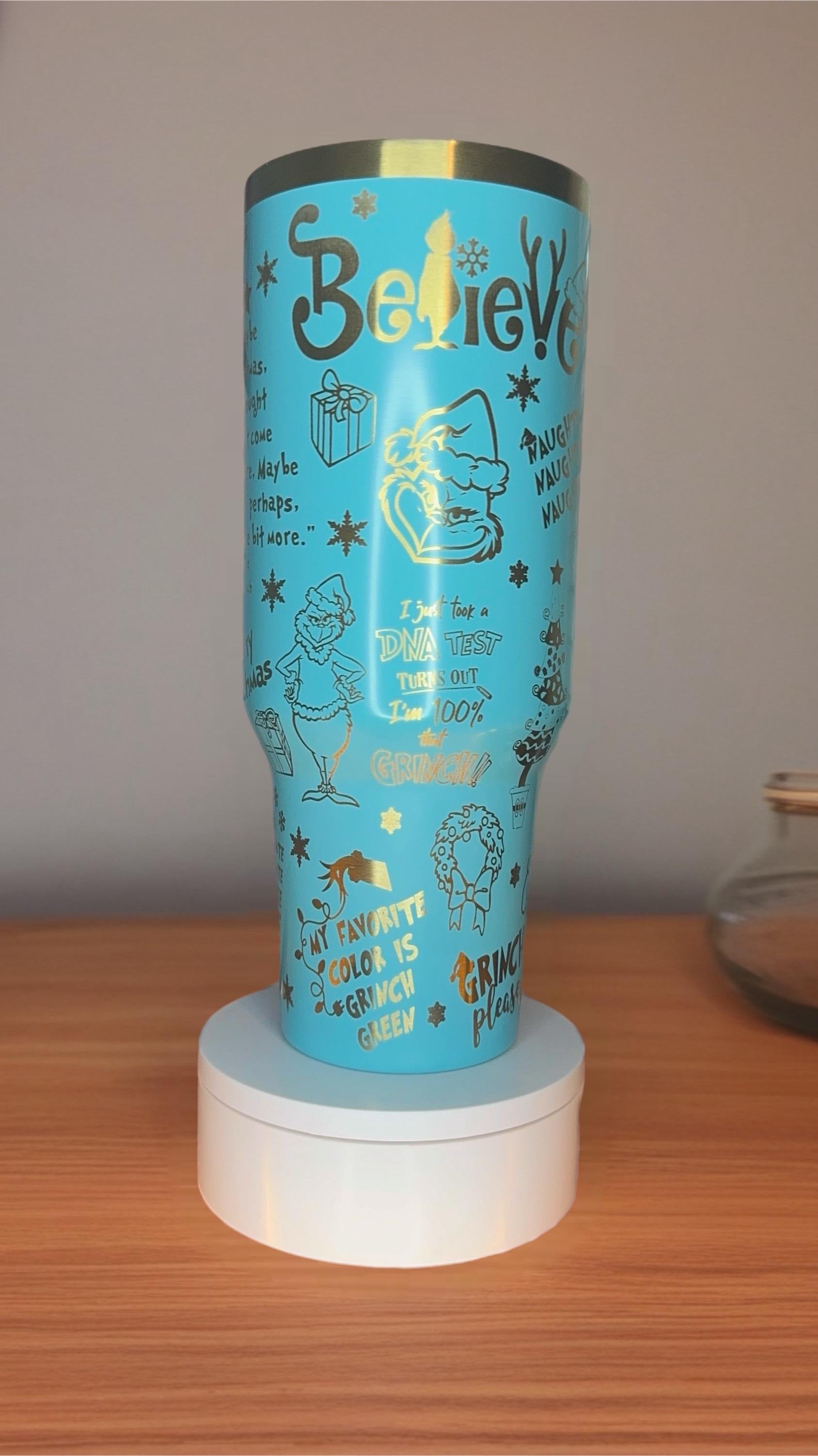 Blue Grinch Tumbler Cup, Christmas Quotes Pattern, Funny Holiday Mug with Handle and Straw, Christmas Gift for Grinch Fans