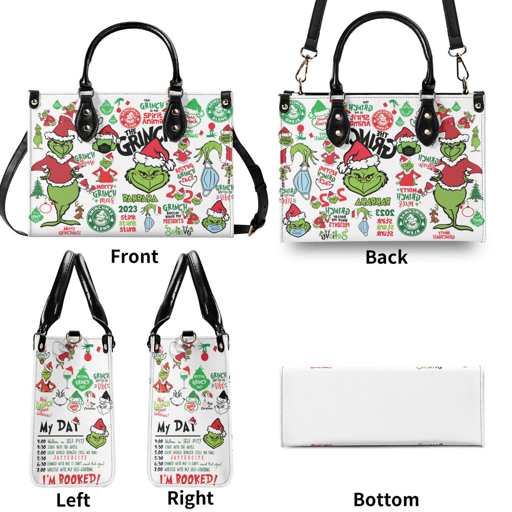Christmas Grinch Santa HandBag, Funny Holiday Leather Bag, Personalized Christmas Gift, Grinchmas Purse, Festive Winter Accessory