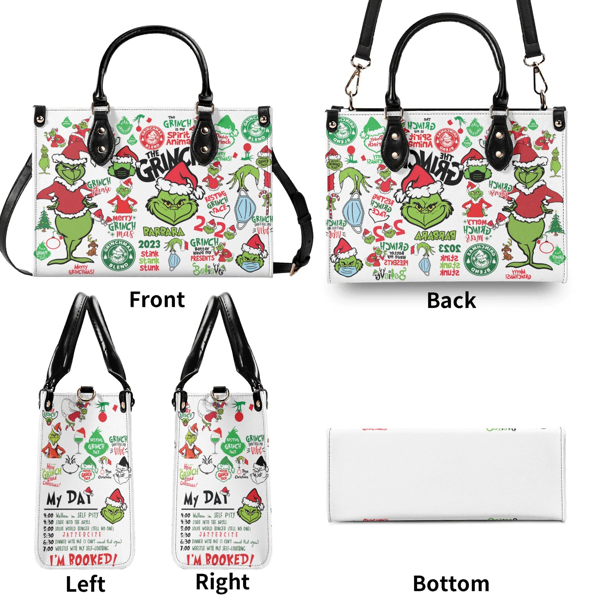 Christmas Grinch Santa HandBag, Funny Holiday Leather Bag, Personalized Christmas Gift, Grinchmas Purse, Festive Winter Accessory