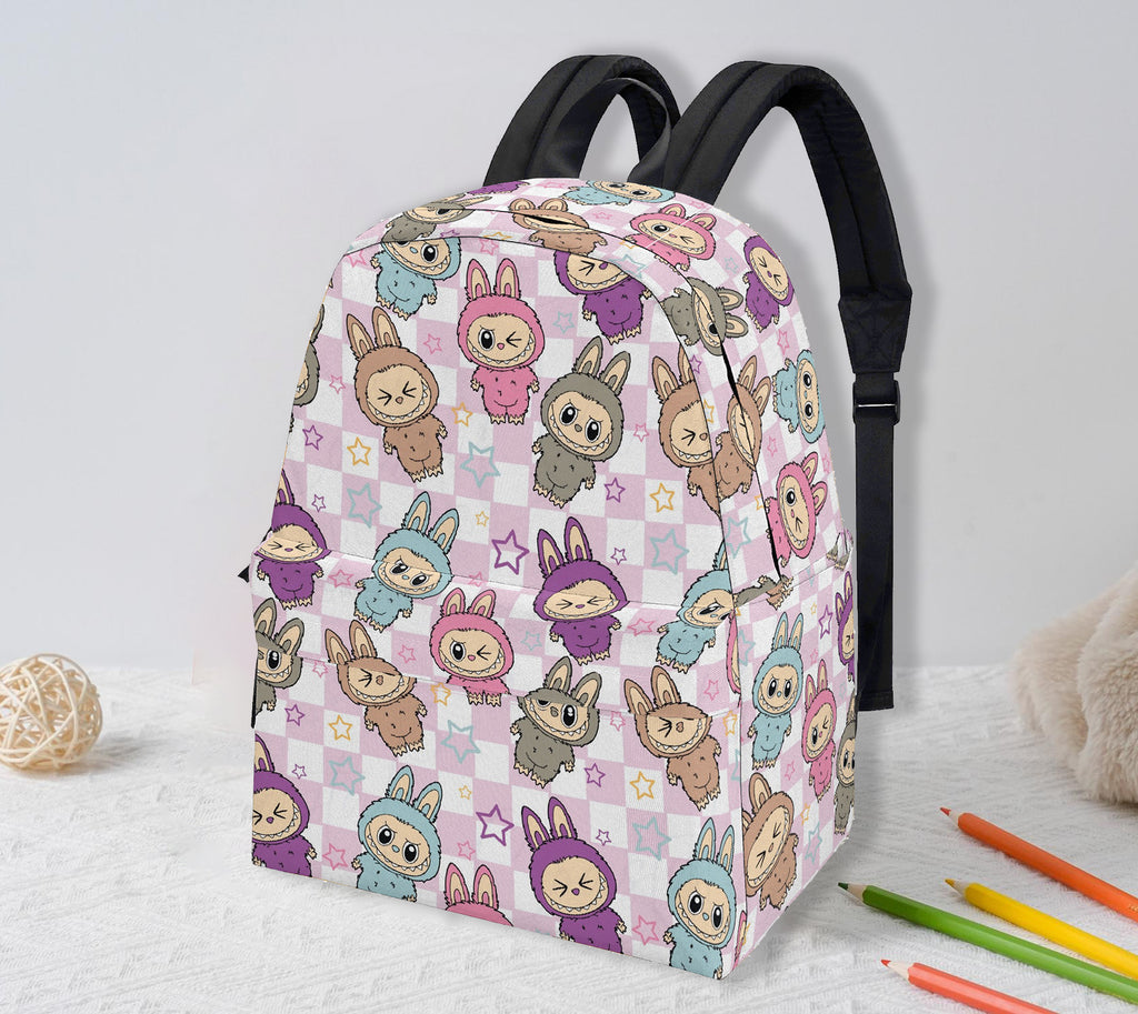 Pastel Labubu Bunny Backpack - Kawaii Cartoon School Bag with Stars & Cute Animal Suits, Soft Aesthetic Bookbag for Kids & Fans BPGR12