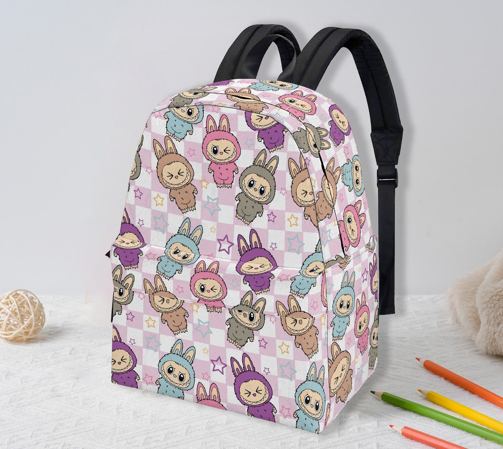 Pastel Labubu Bunny Backpack - Kawaii Cartoon School Bag with Stars & Cute Animal Suits, Soft Aesthetic Bookbag for Kids & Fans BPGR12