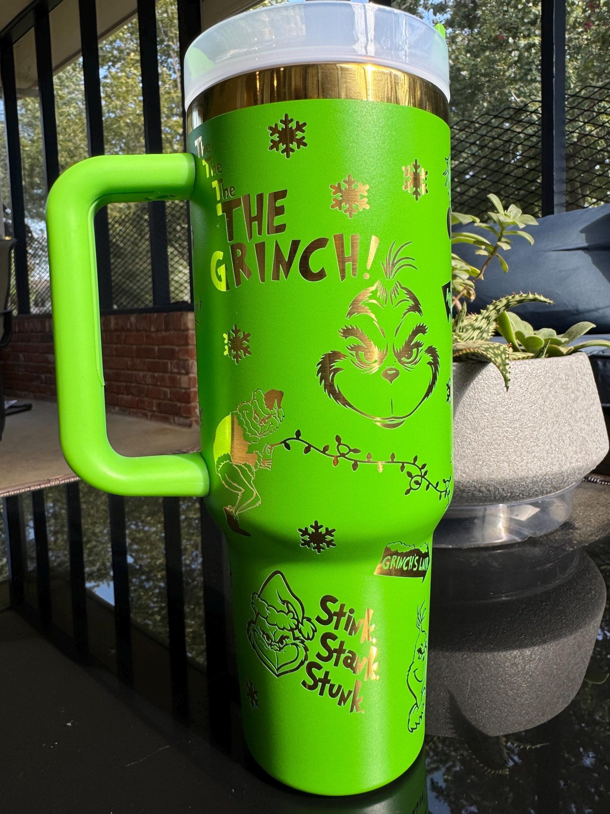 Green Grinch Tumbler, Stink Stank Stunk Quote Mug, Funny Christmas Cup with Handle, Holiday Gift for Him Her