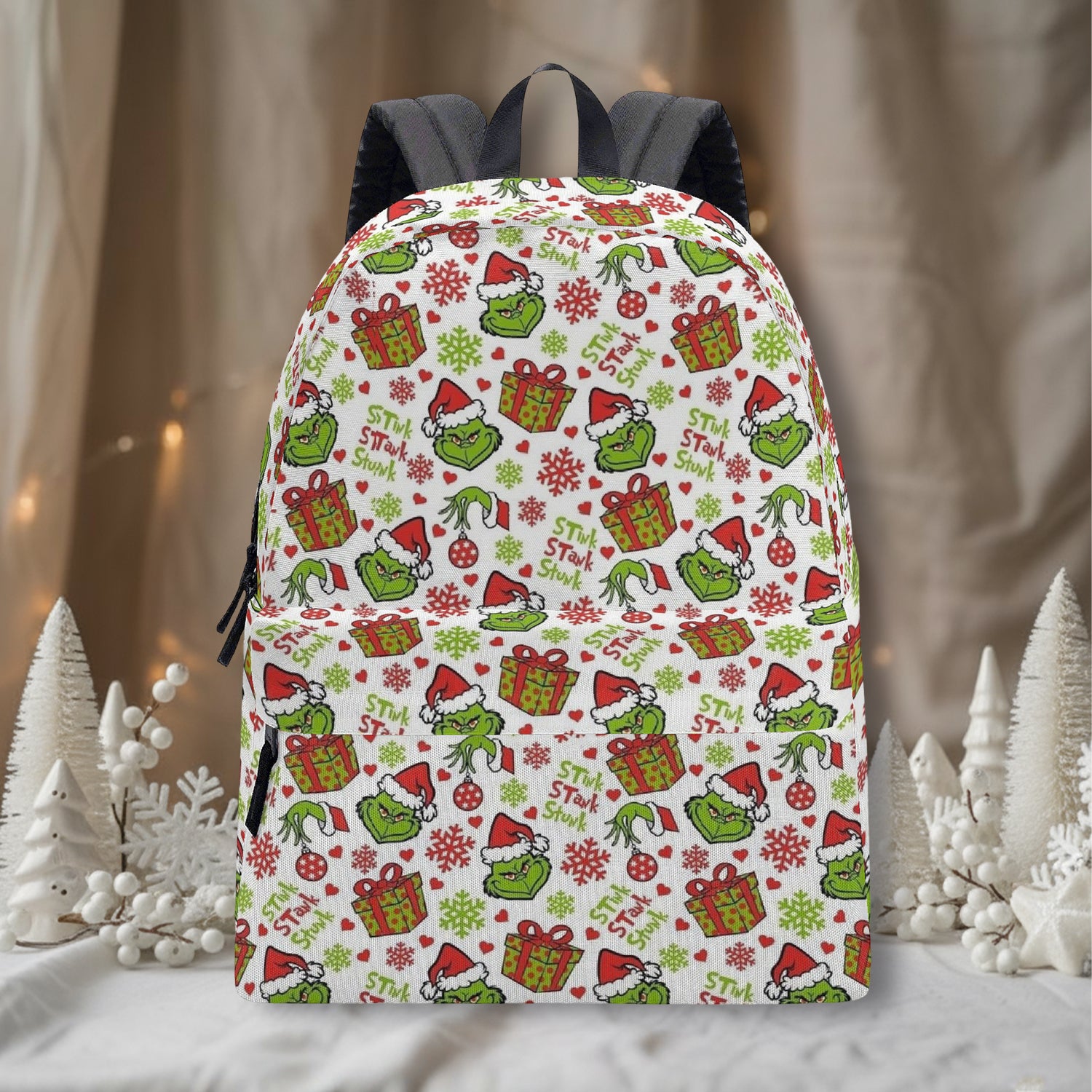 Grinch Backpack Stink Stank Stunk, Funny Santa Pattern, Christmas Gift, Holiday Travel School Bag BPGR29