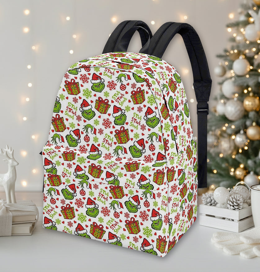 Grinch Backpack Stink Stank Stunk, Funny Santa Pattern, Christmas Gift, Holiday Travel School Bag BPGR29