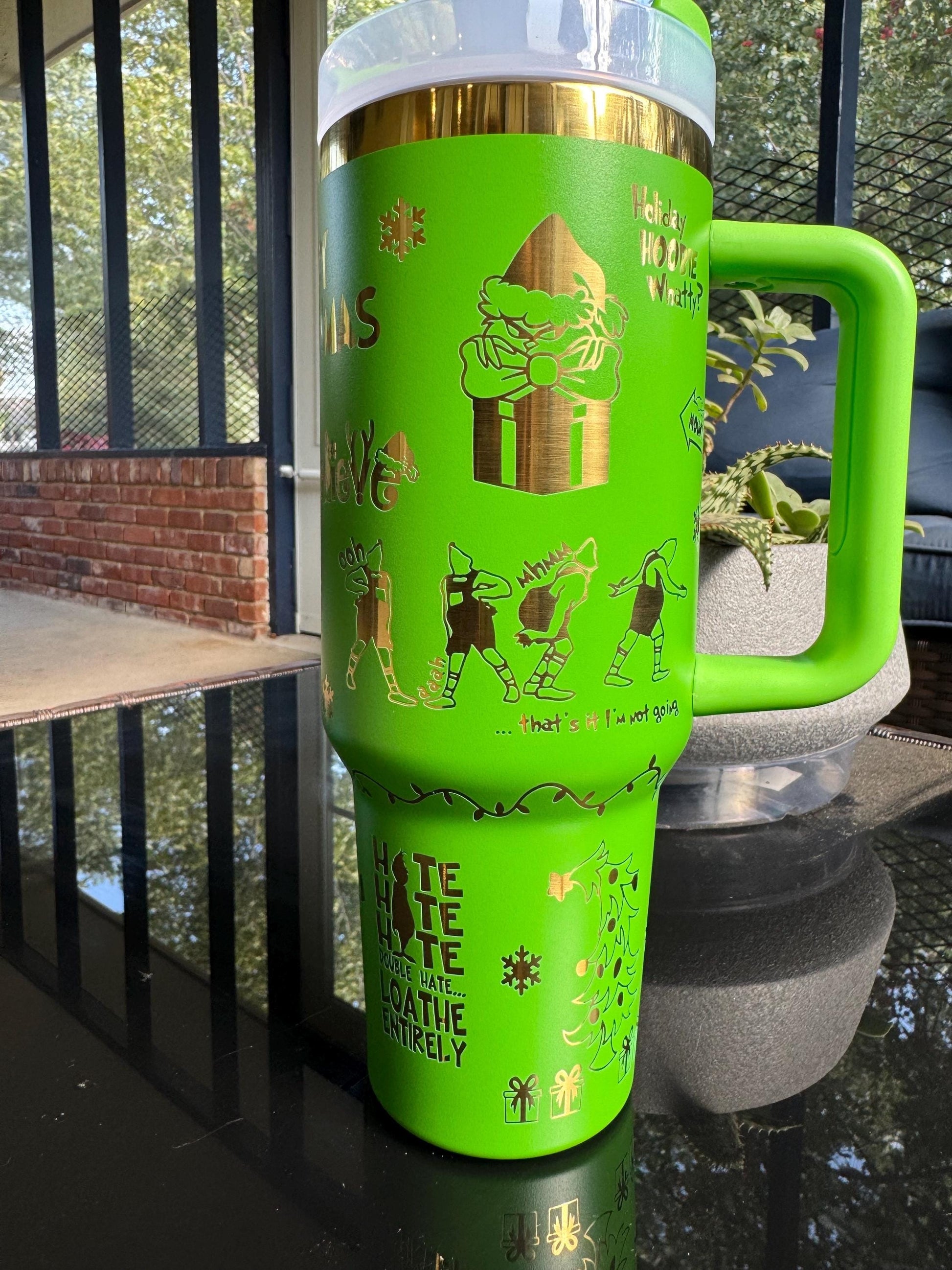 Green Grinch Tumbler, Stink Stank Stunk Quote Mug, Funny Christmas Cup with Handle, Holiday Gift for Him Her