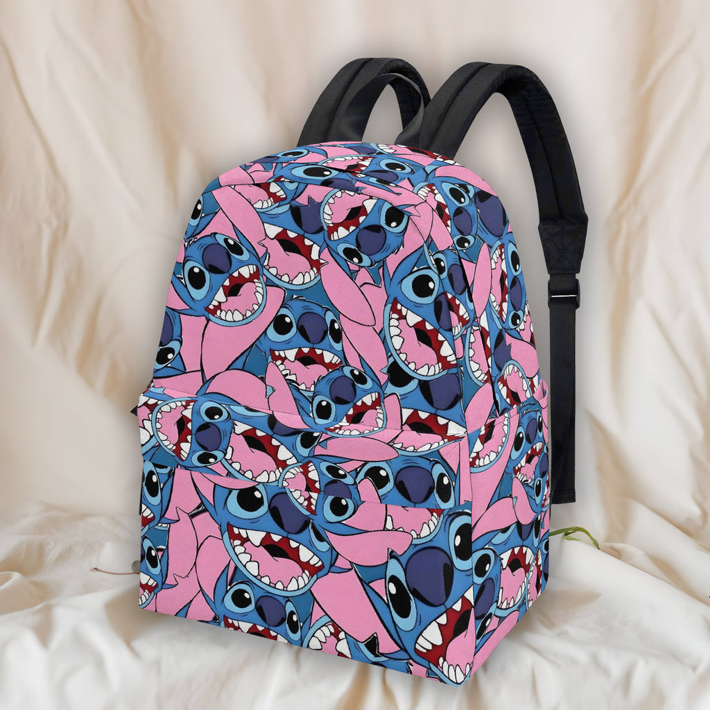 Stitch Faces Backpack, Bold Pink All Over Print, Fun Cartoon Statement Bag for Teens BPGR27