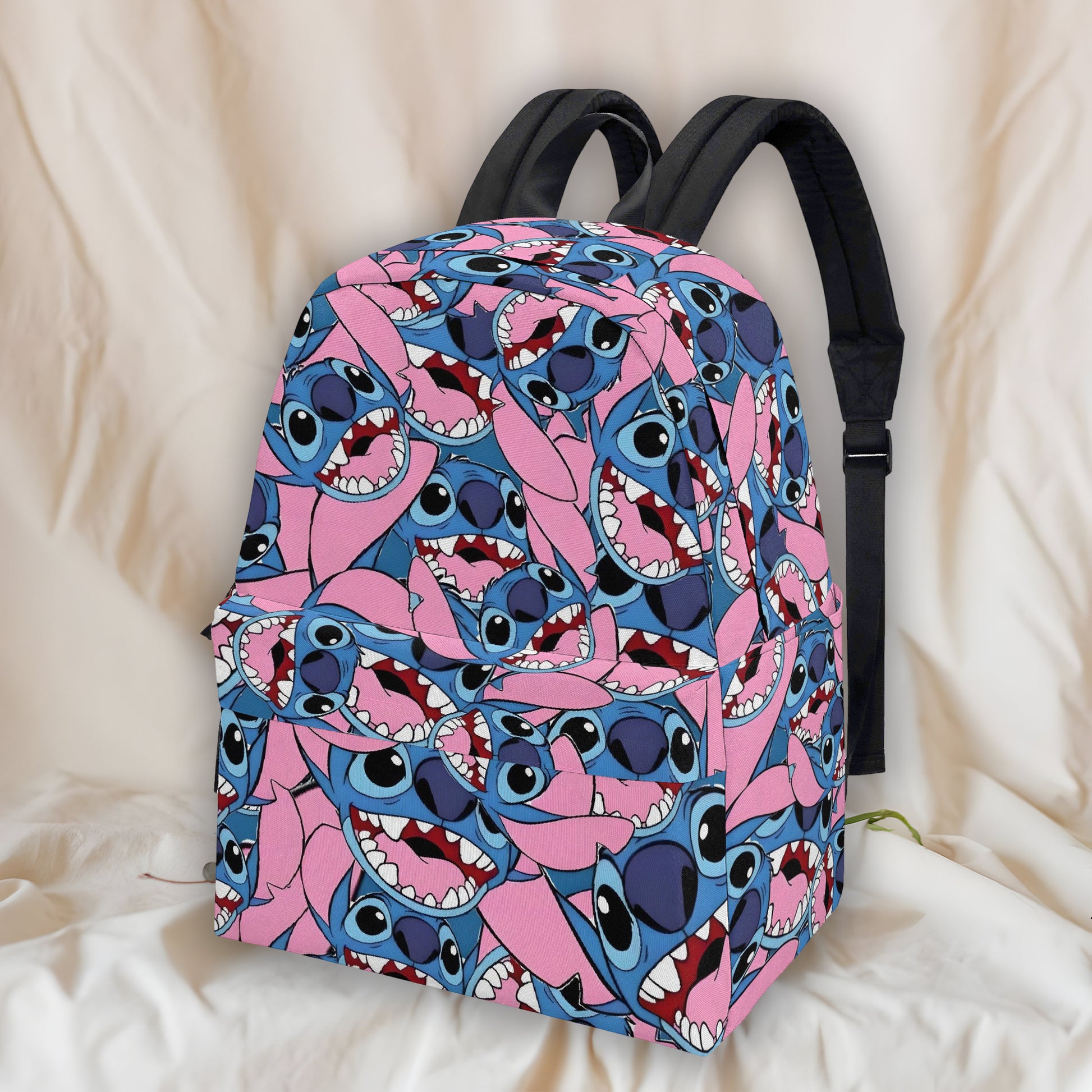 Stitch Faces Backpack, Bold Pink All Over Print, Fun Cartoon Statement Bag for Teens BPGR27