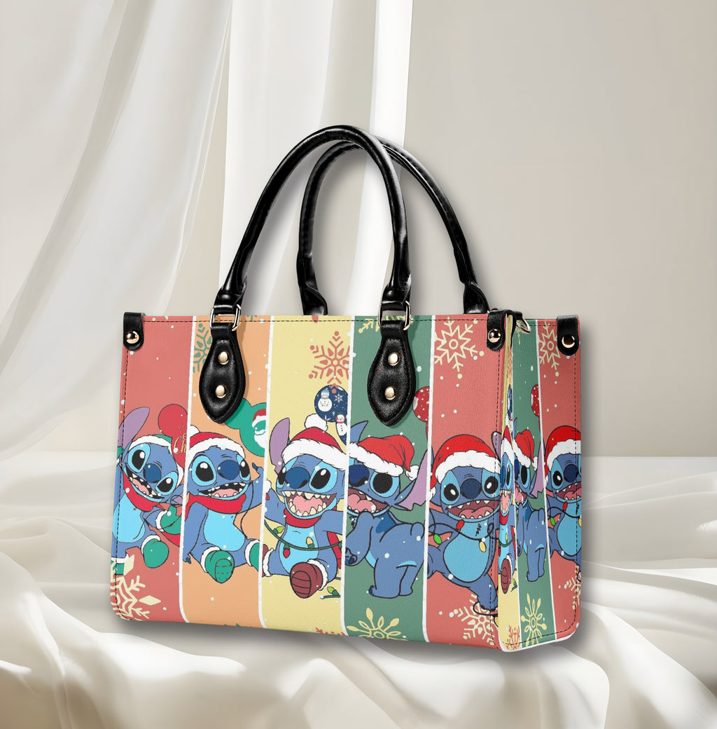 Stitch Christmas Leather Handbag, Cute Santa Holiday Tote Bag, Cartoon Purse & Shoulder Bag for Women