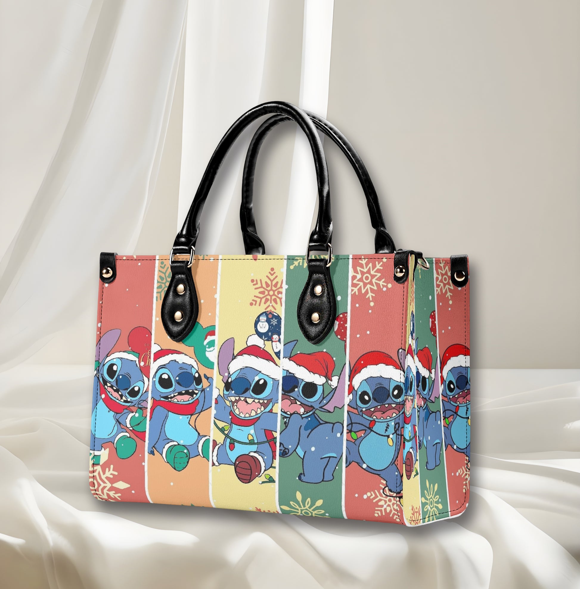 Stitch Christmas Leather Handbag, Cute Santa Holiday Tote Bag, Cartoon Purse & Shoulder Bag for Women
