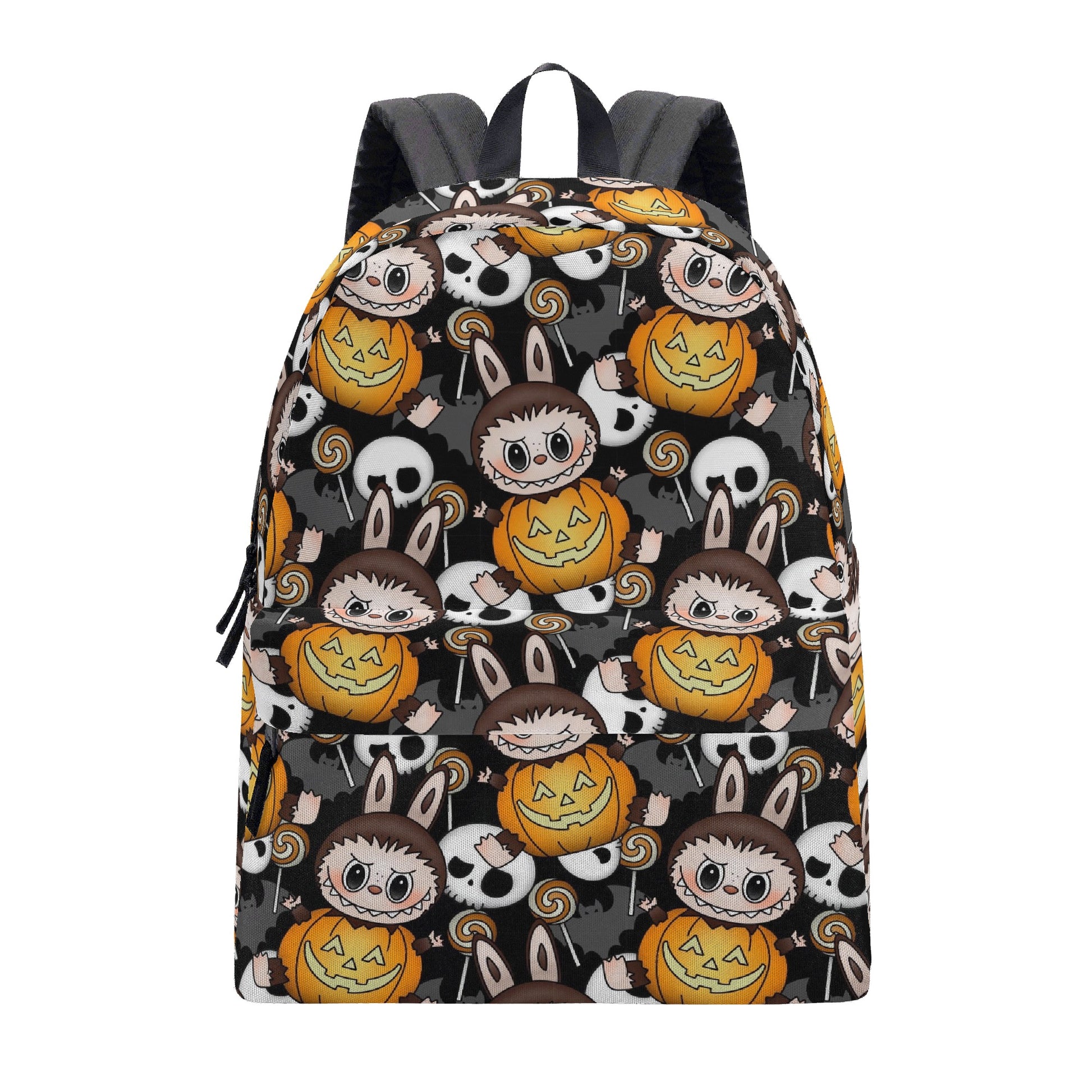 Pumpkin Labubu Halloween Backpack, Cute Spooky Cartoon School Bag with Skulls, Bats & Candy, Trick or Treat Bookbag for Kids & Fans BPGR11