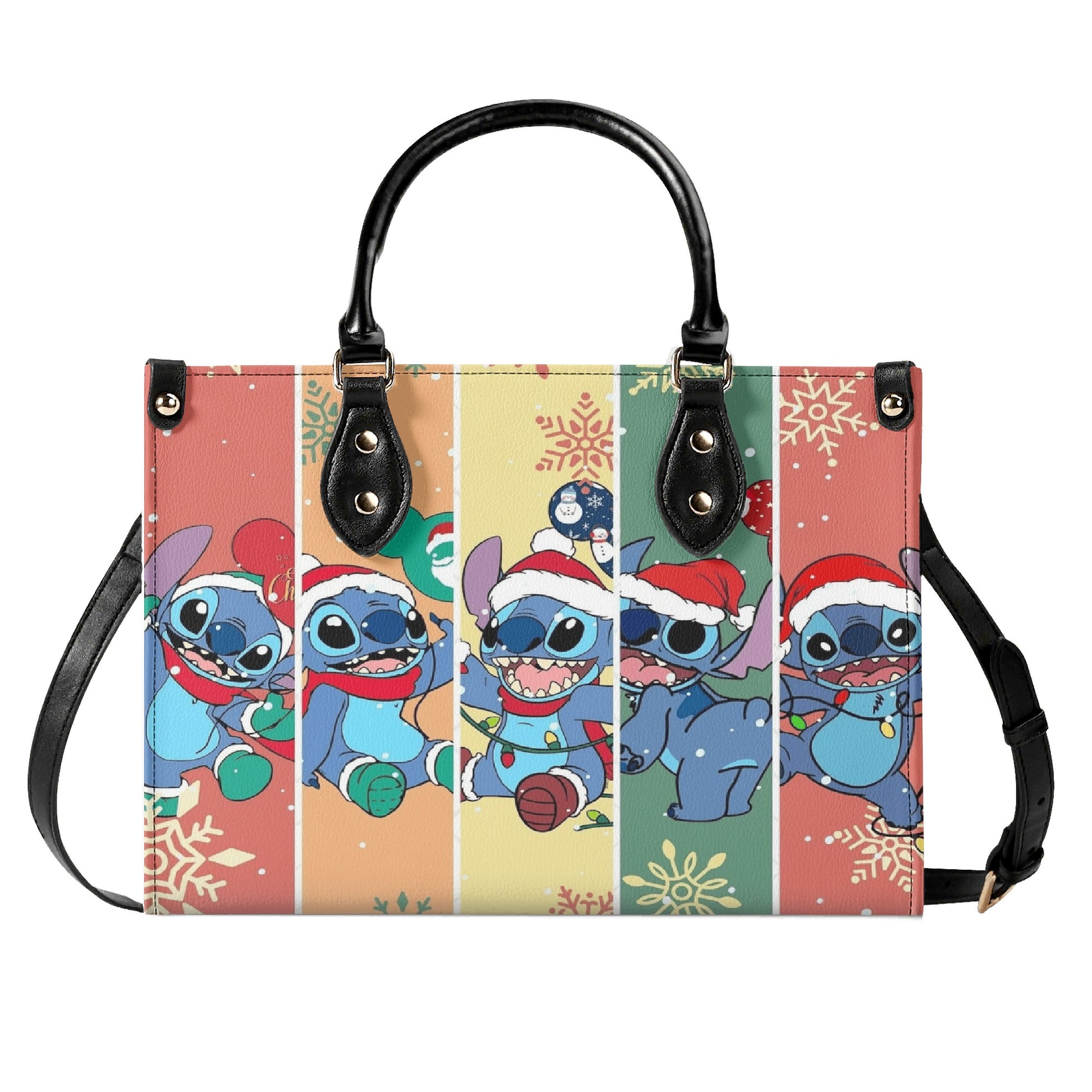 Stitch Christmas Leather Handbag, Cute Santa Holiday Tote Bag, Cartoon Purse & Shoulder Bag for Women