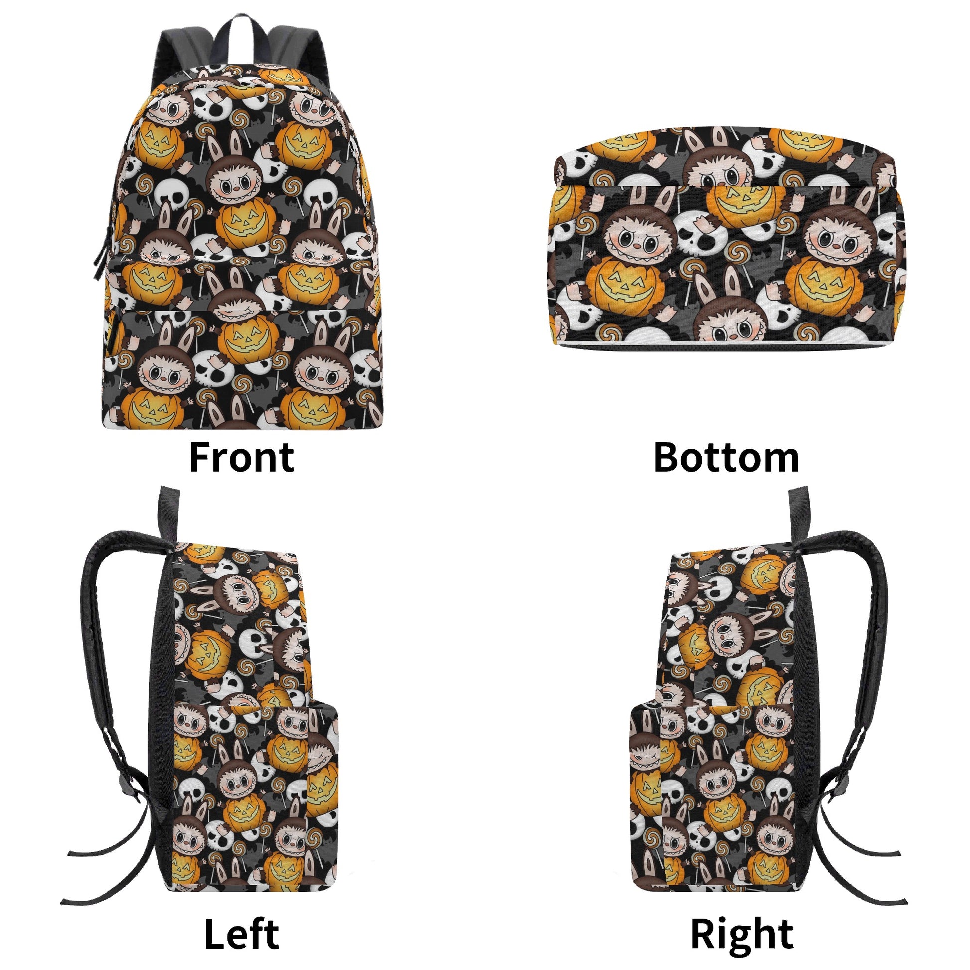 Pumpkin Labubu Halloween Backpack, Cute Spooky Cartoon School Bag with Skulls, Bats & Candy, Trick or Treat Bookbag for Kids & Fans BPGR11