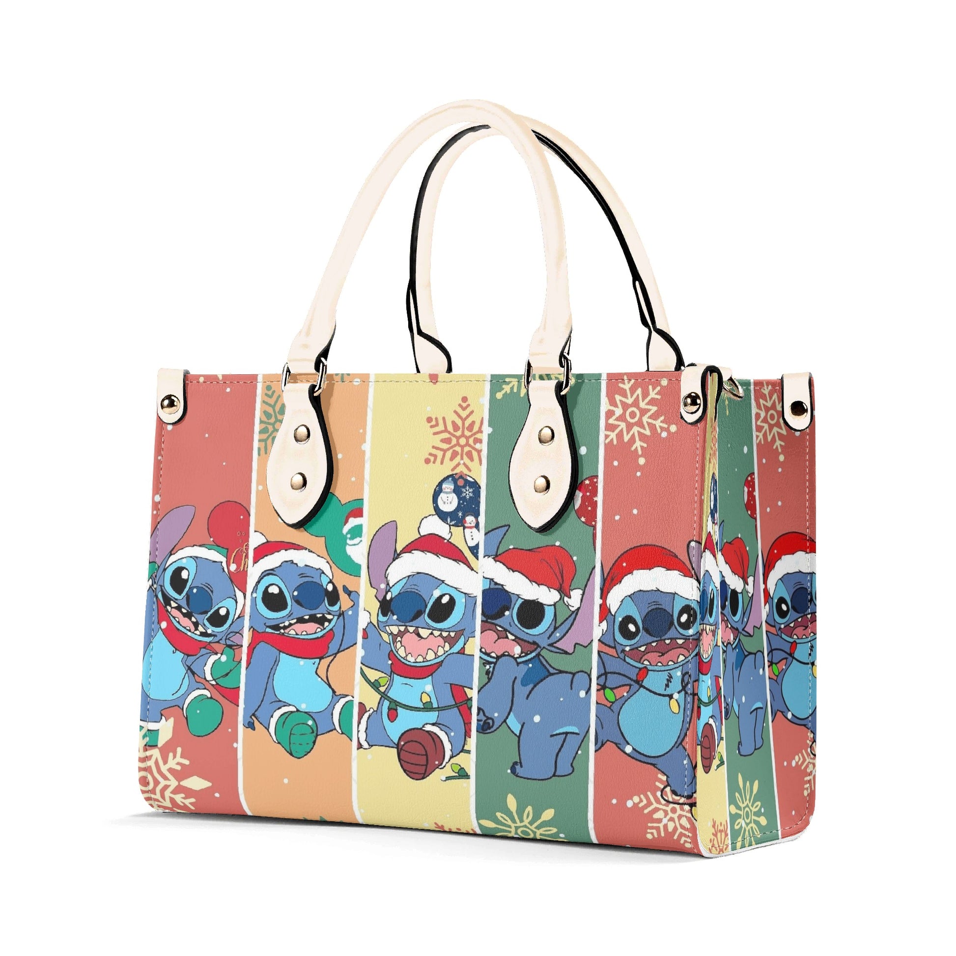 Stitch Christmas Leather Handbag, Cute Santa Holiday Tote Bag, Cartoon Purse & Shoulder Bag for Women