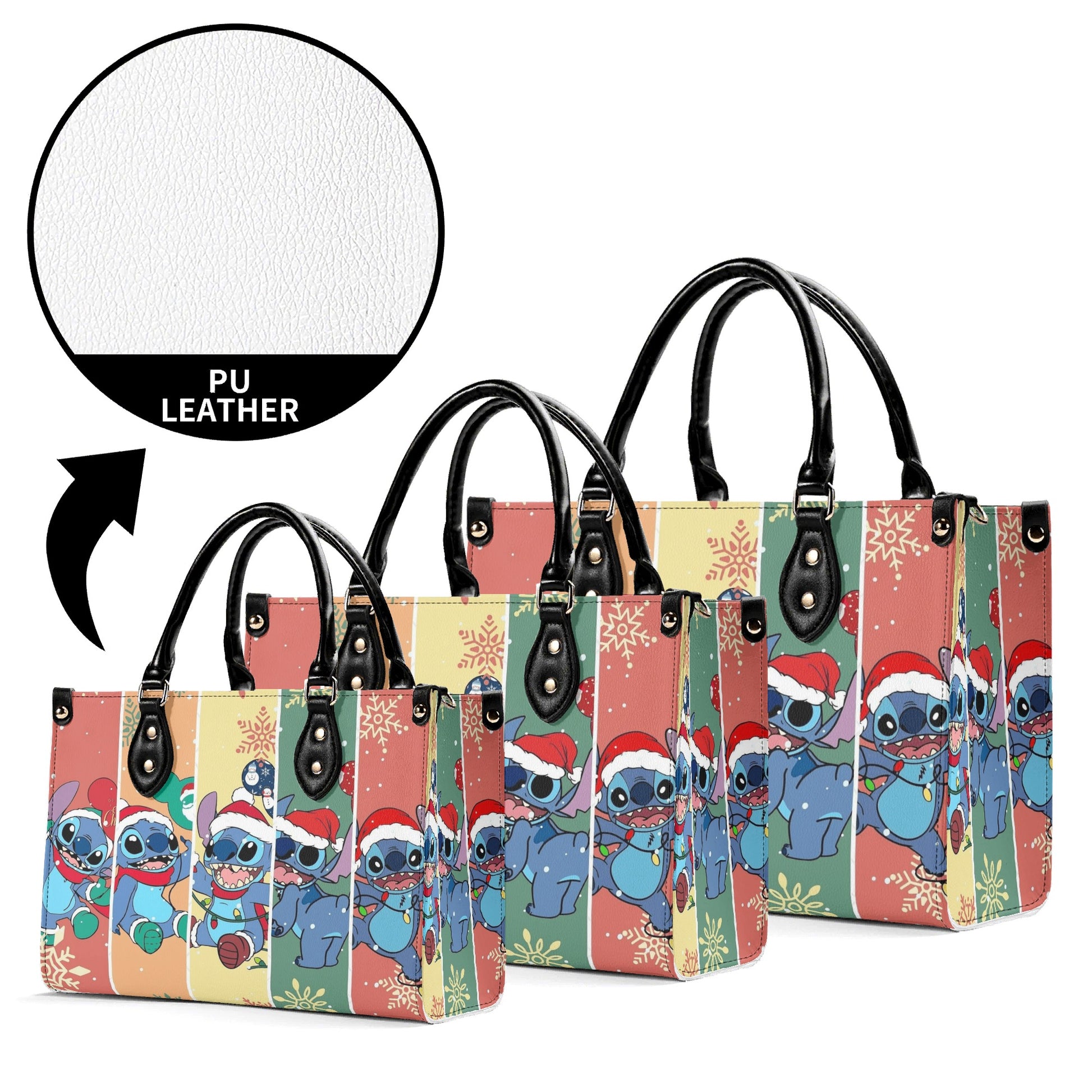 Stitch Christmas Leather Handbag, Cute Santa Holiday Tote Bag, Cartoon Purse & Shoulder Bag for Women