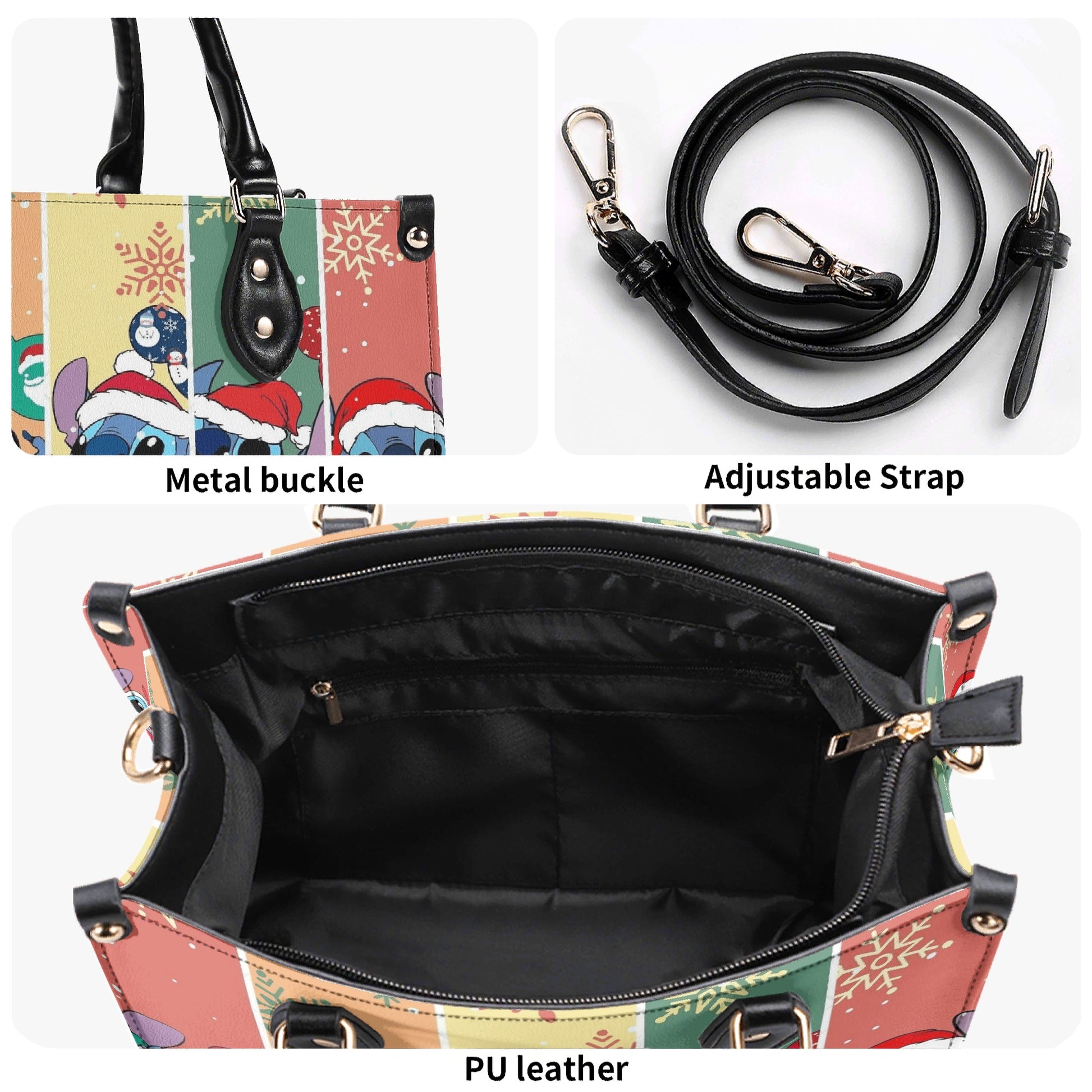 Stitch Christmas Leather Handbag, Cute Santa Holiday Tote Bag, Cartoon Purse & Shoulder Bag for Women