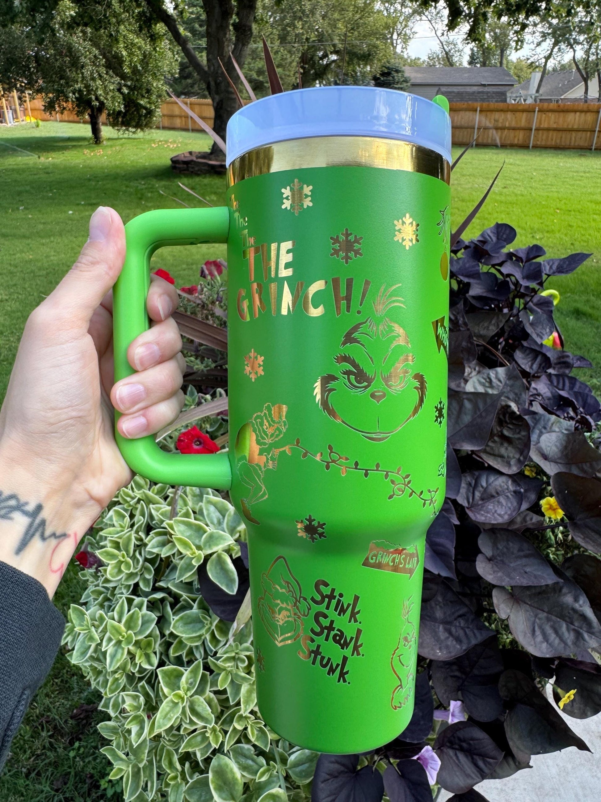 Green Grinch Tumbler, Stink Stank Stunk Quote Mug, Funny Christmas Cup with Handle, Holiday Gift for Him Her