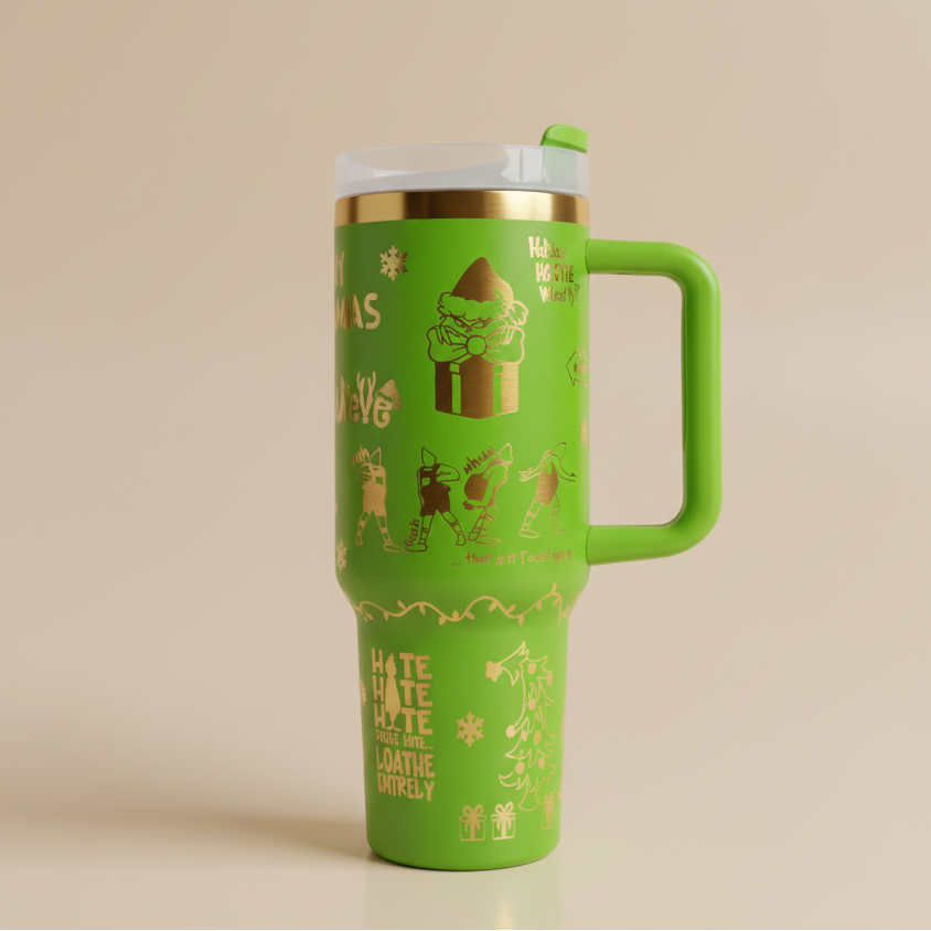 Green Grinch Tumbler, Stink Stank Stunk Quote Mug, Funny Christmas Cup with Handle, Holiday Gift for Him Her