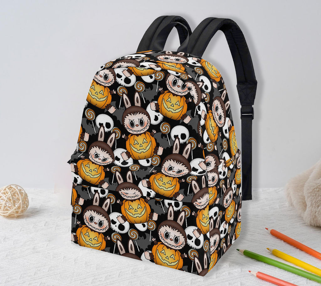 Pumpkin Labubu Halloween Backpack, Cute Spooky Cartoon School Bag with Skulls, Bats & Candy, Trick or Treat Bookbag for Kids & Fans BPGR11