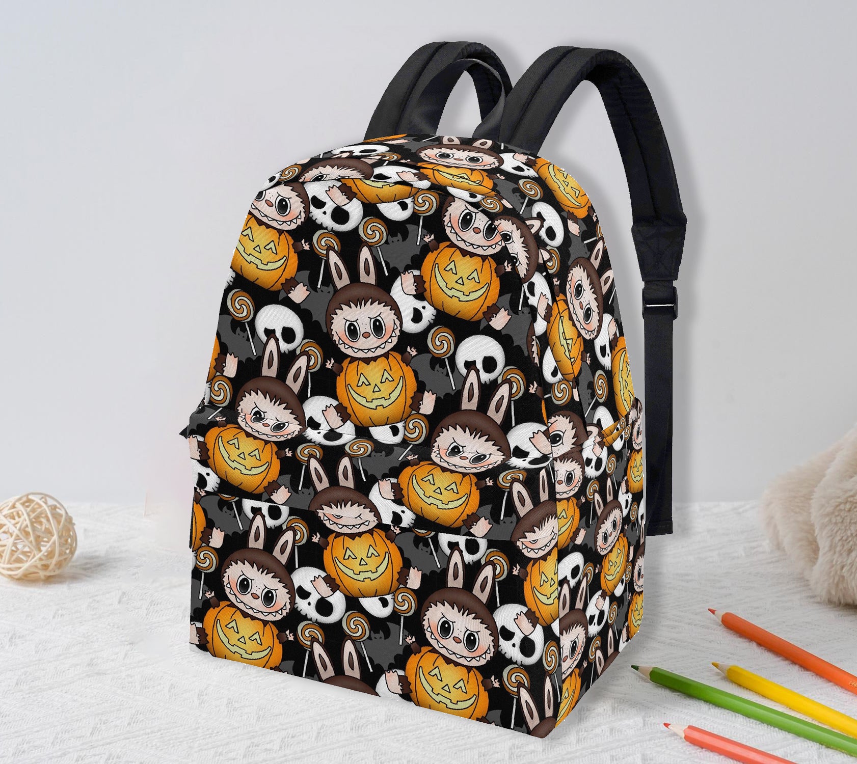 Pumpkin Labubu Halloween Backpack, Cute Spooky Cartoon School Bag with Skulls, Bats & Candy, Trick or Treat Bookbag for Kids & Fans BPGR11