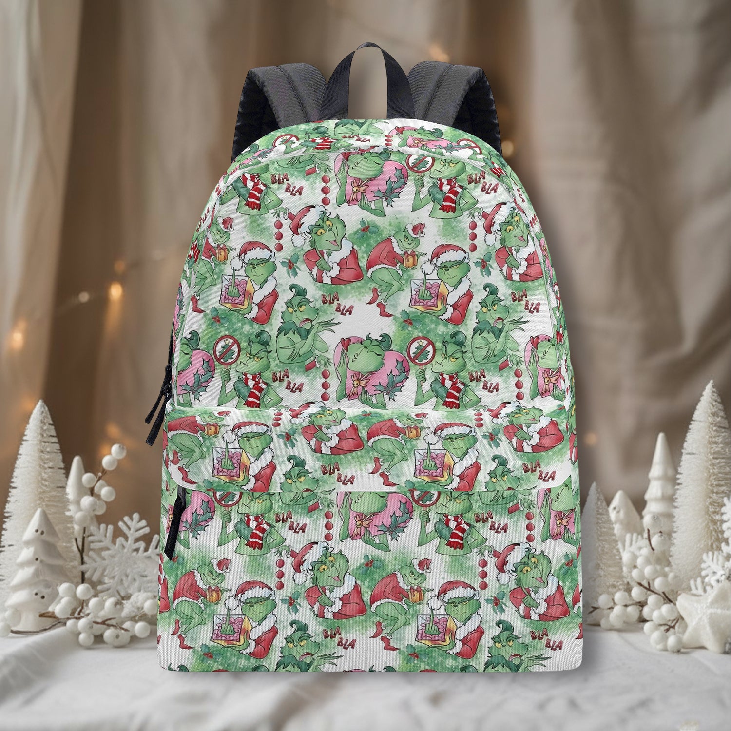 Grinch Backpack Watercolor Pattern, Pastel Christmas Scenes, Cute Holiday Gift, Allover Print Travel Bag BPGR30