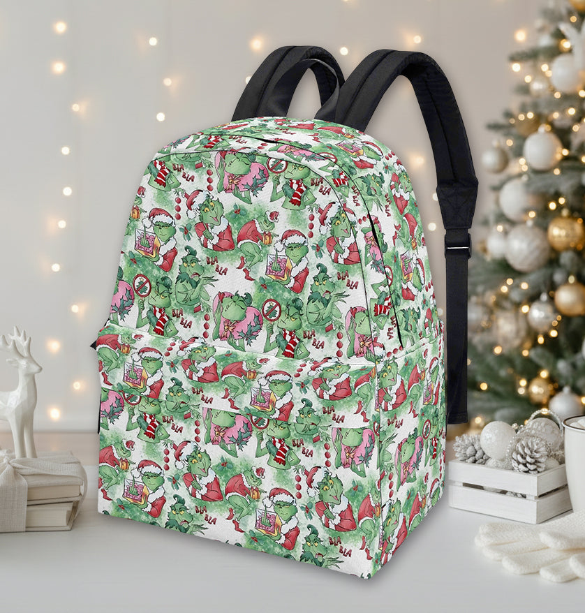 Grinch Backpack Watercolor Pattern, Pastel Christmas Scenes, Cute Holiday Gift, Allover Print Travel Bag BPGR30