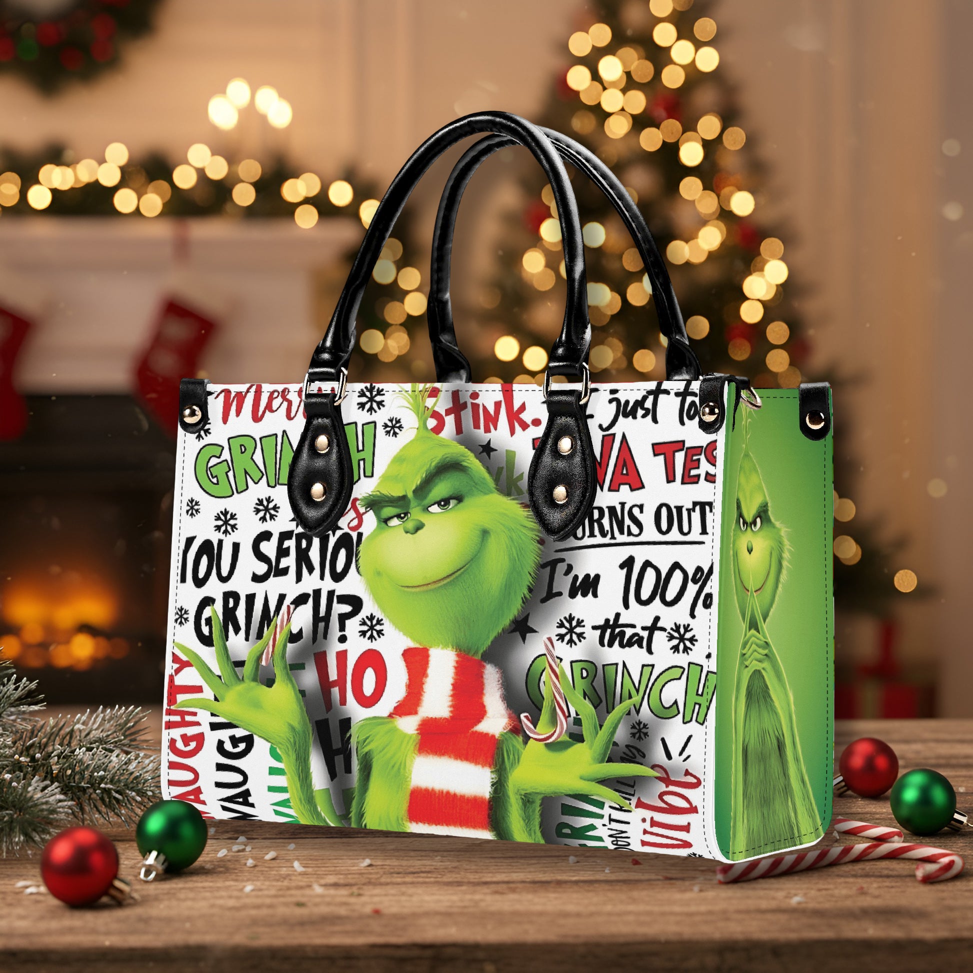 Grinch Smirk Christmas HandBag, Merry Grinchmas Purse, Funny Holiday Leather Bag, Santa Grinch Gift, Festive Green Bag
