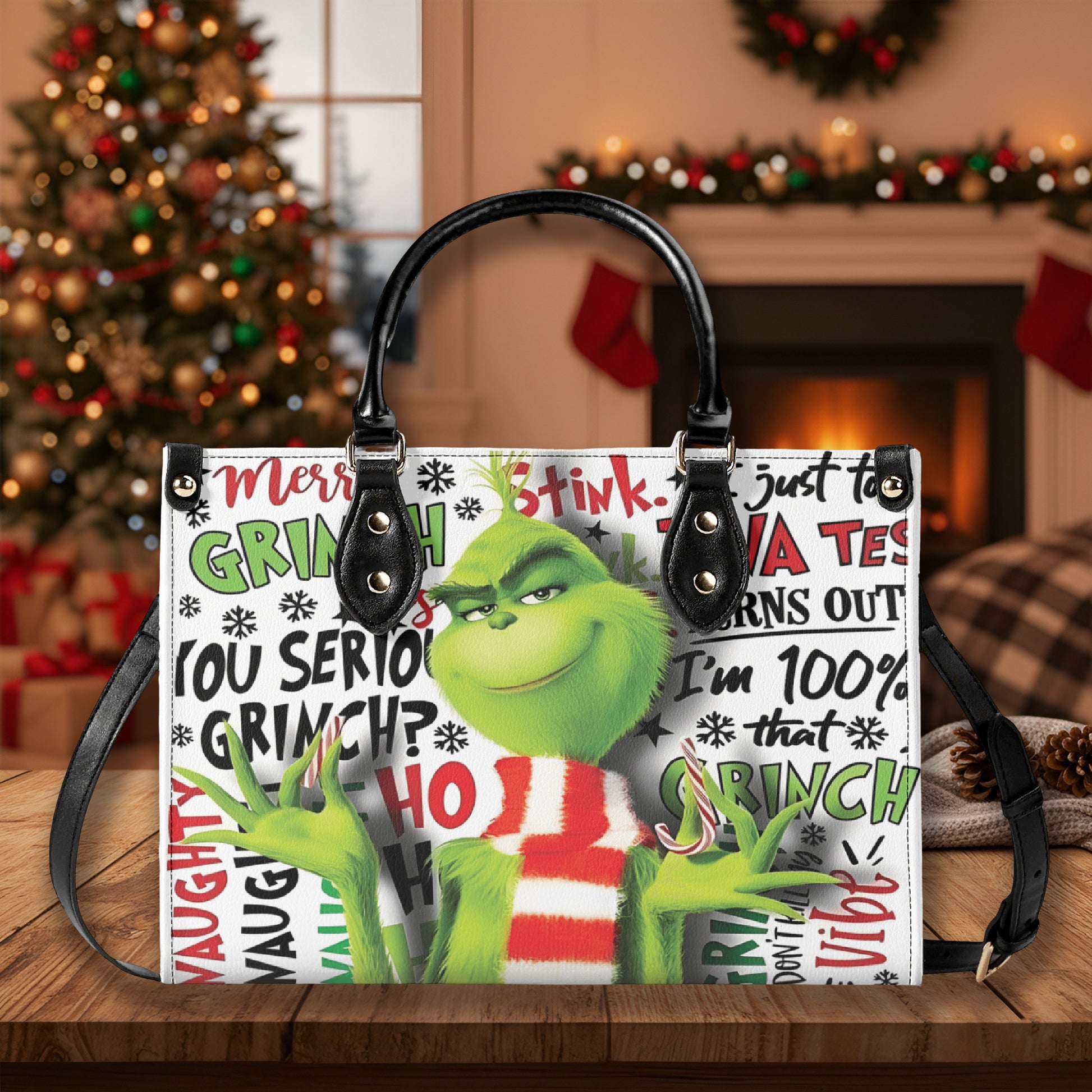 Grinch Smirk Christmas HandBag, Merry Grinchmas Purse, Funny Holiday Leather Bag, Santa Grinch Gift, Festive Green Bag
