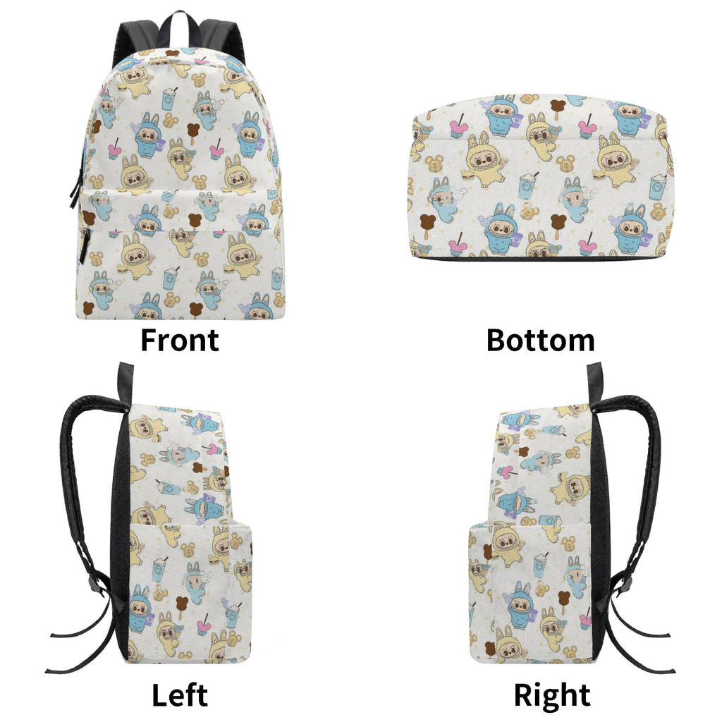 Labubu Bunny Park Backpack, Kawaii Blue & Yellow Cartoon Bag with Ice Cream & Cotton Candy, Cute Festival Bookbag for Kids & Fans BPGR10