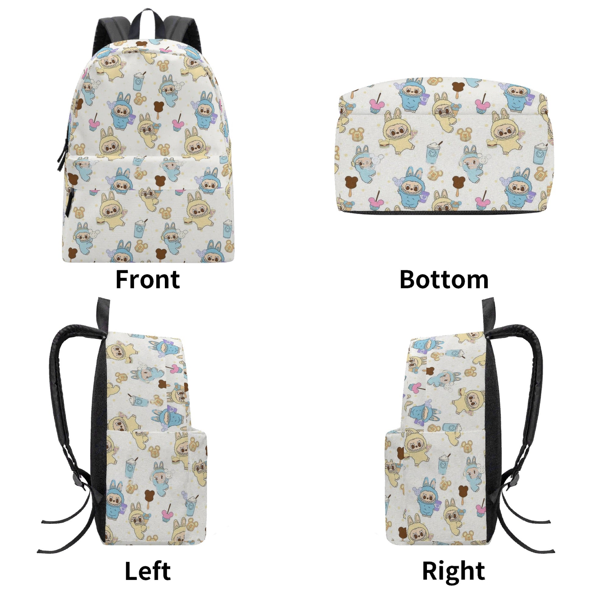 Labubu Bunny Park Backpack, Kawaii Blue & Yellow Cartoon Bag with Ice Cream & Cotton Candy, Cute Festival Bookbag for Kids & Fans BPGR10