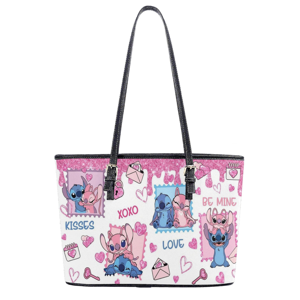 Stitch & Angel Valentine Leather Handbag, Cute Love Cartoon Tote Bag, Romantic Purse & Shoulder Bag for Women