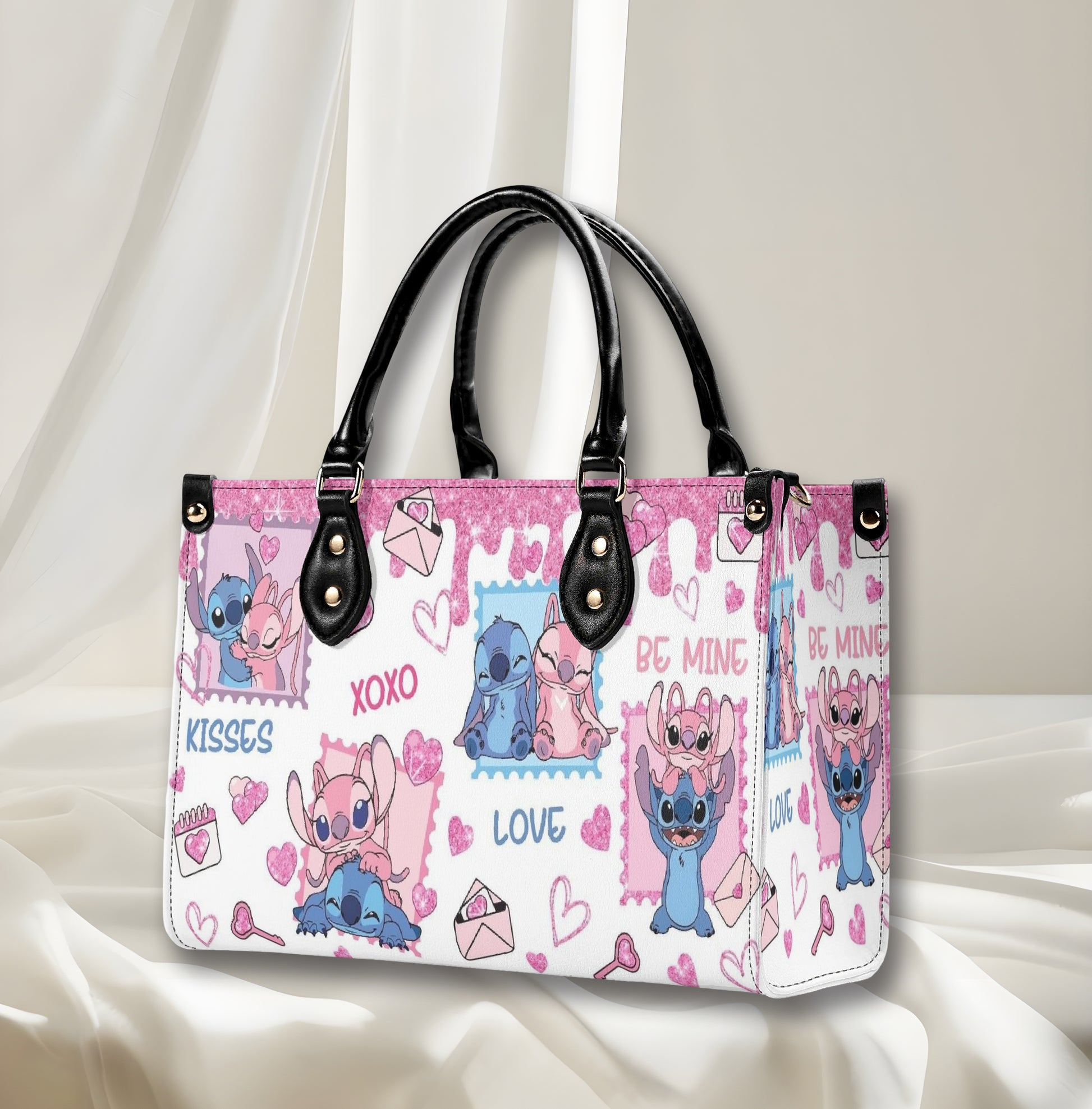Stitch & Angel Valentine Leather Handbag, Cute Love Cartoon Tote Bag, Romantic Purse & Shoulder Bag for Women