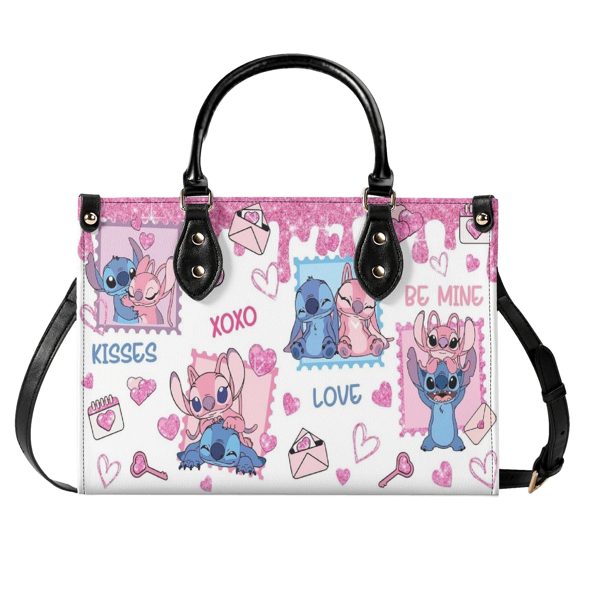 Stitch & Angel Valentine Leather Handbag, Cute Love Cartoon Tote Bag, Romantic Purse & Shoulder Bag for Women