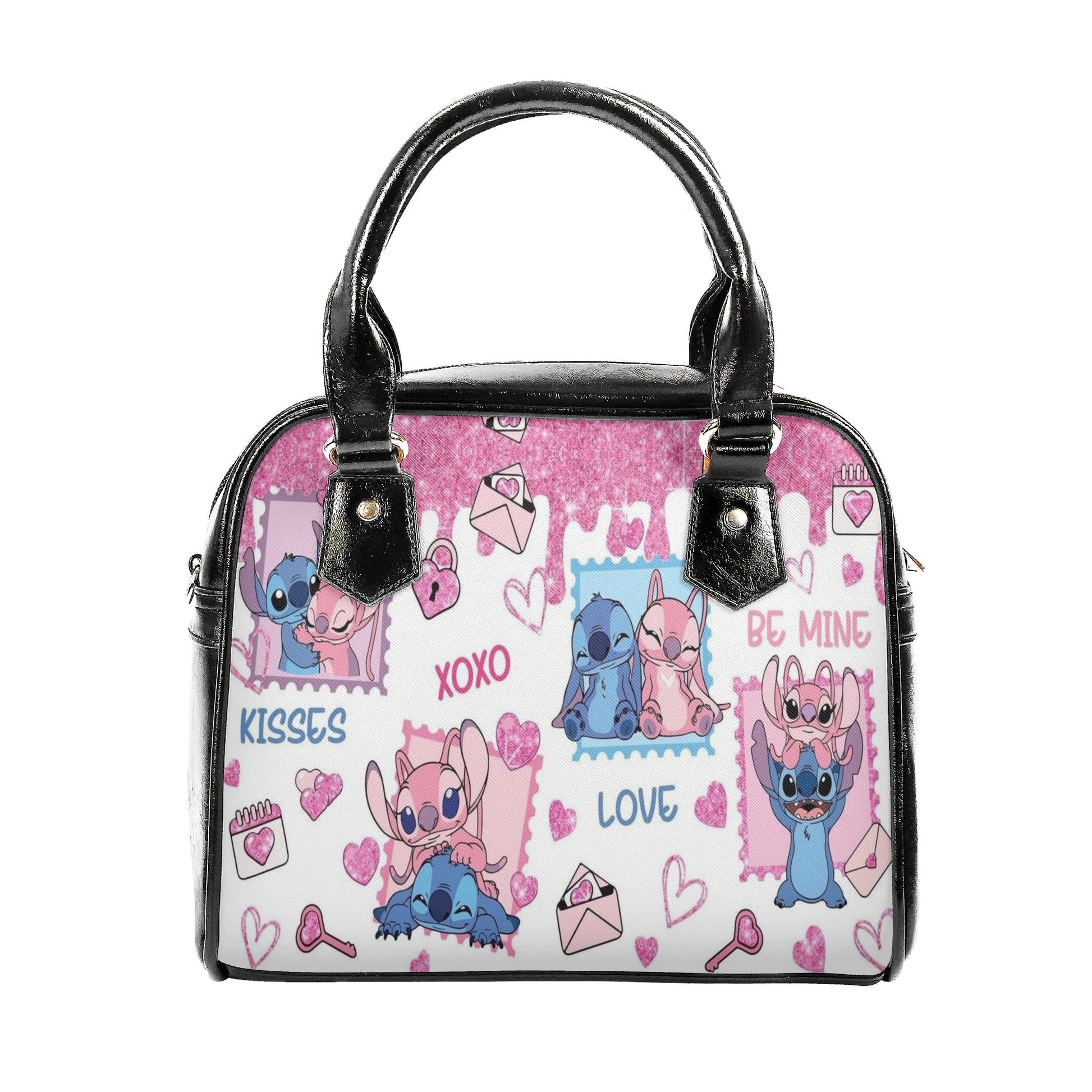 Stitch & Angel Valentine Leather Handbag, Cute Love Cartoon Tote Bag, Romantic Purse & Shoulder Bag for Women
