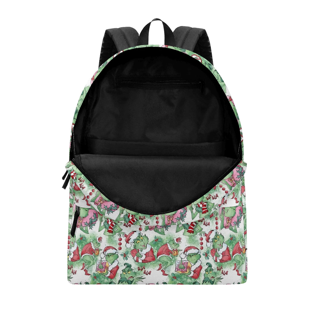 Grinch Backpack Watercolor Pattern, Pastel Christmas Scenes, Cute Holiday Gift, Allover Print Travel Bag BPGR30