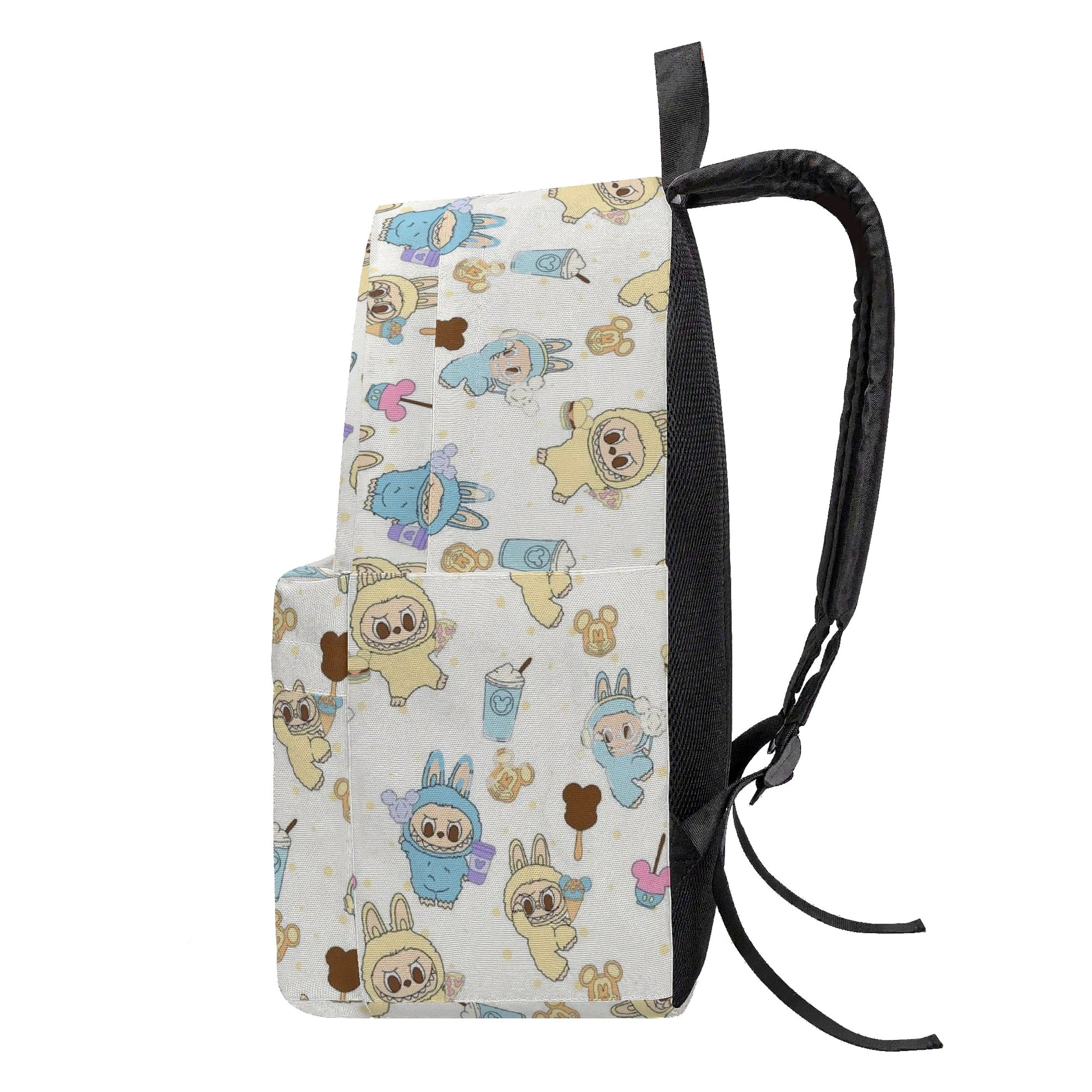 Labubu Bunny Park Backpack, Kawaii Blue & Yellow Cartoon Bag with Ice Cream & Cotton Candy, Cute Festival Bookbag for Kids & Fans BPGR10