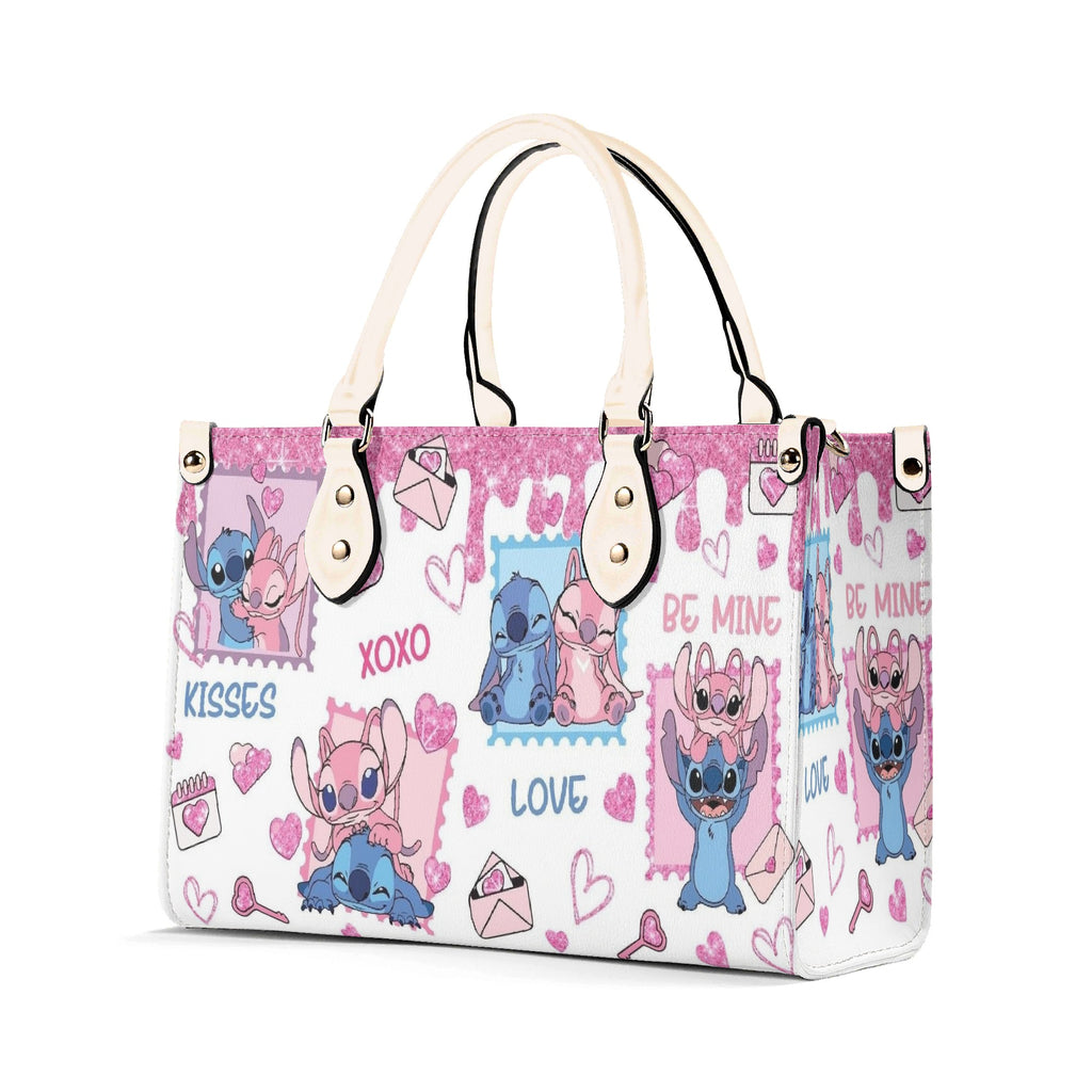 Stitch & Angel Valentine Leather Handbag, Cute Love Cartoon Tote Bag, Romantic Purse & Shoulder Bag for Women