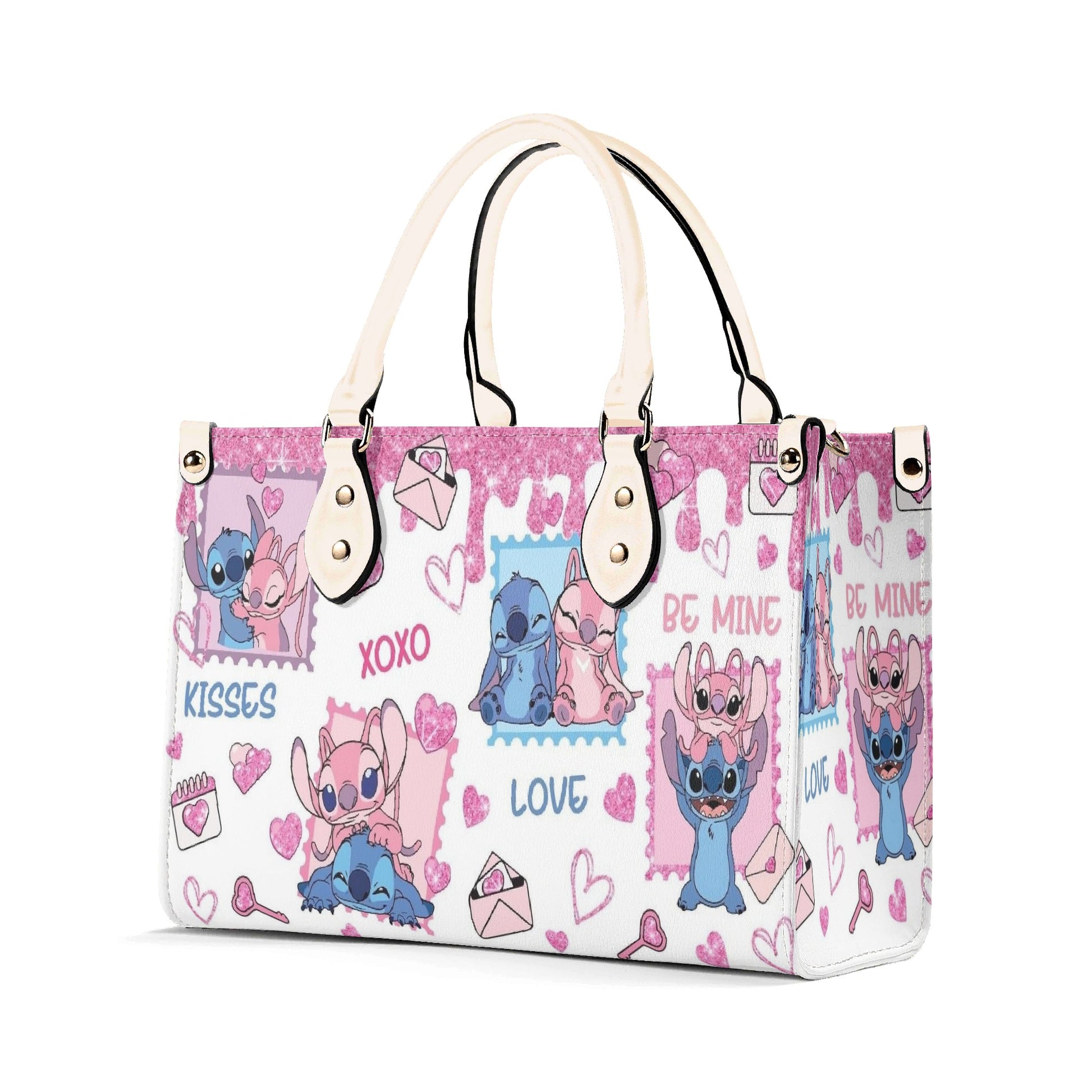 Stitch & Angel Valentine Leather Handbag, Cute Love Cartoon Tote Bag, Romantic Purse & Shoulder Bag for Women