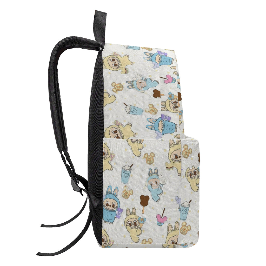 Labubu Bunny Park Backpack, Kawaii Blue & Yellow Cartoon Bag with Ice Cream & Cotton Candy, Cute Festival Bookbag for Kids & Fans BPGR10