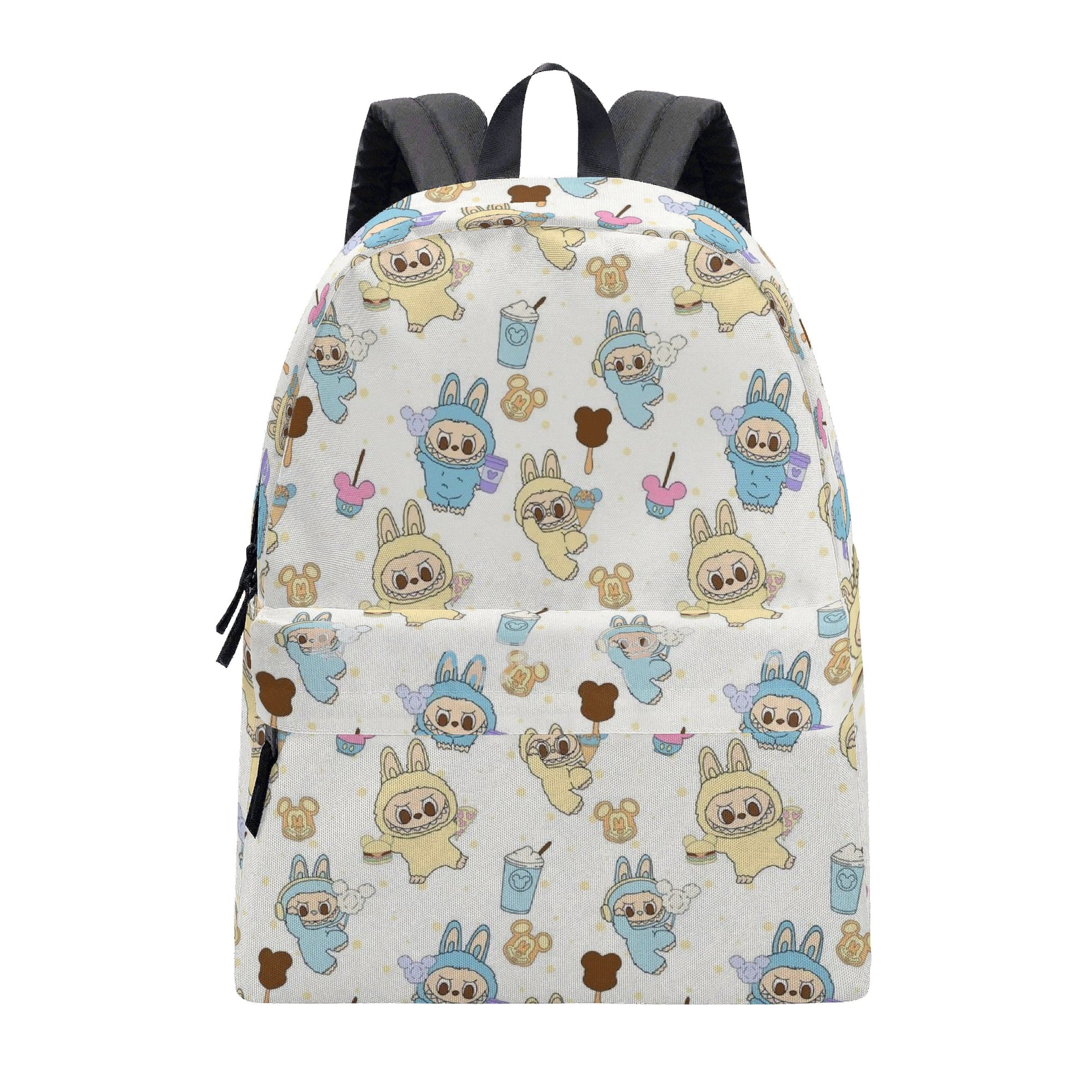 Labubu Bunny Park Backpack, Kawaii Blue & Yellow Cartoon Bag with Ice Cream & Cotton Candy, Cute Festival Bookbag for Kids & Fans BPGR10