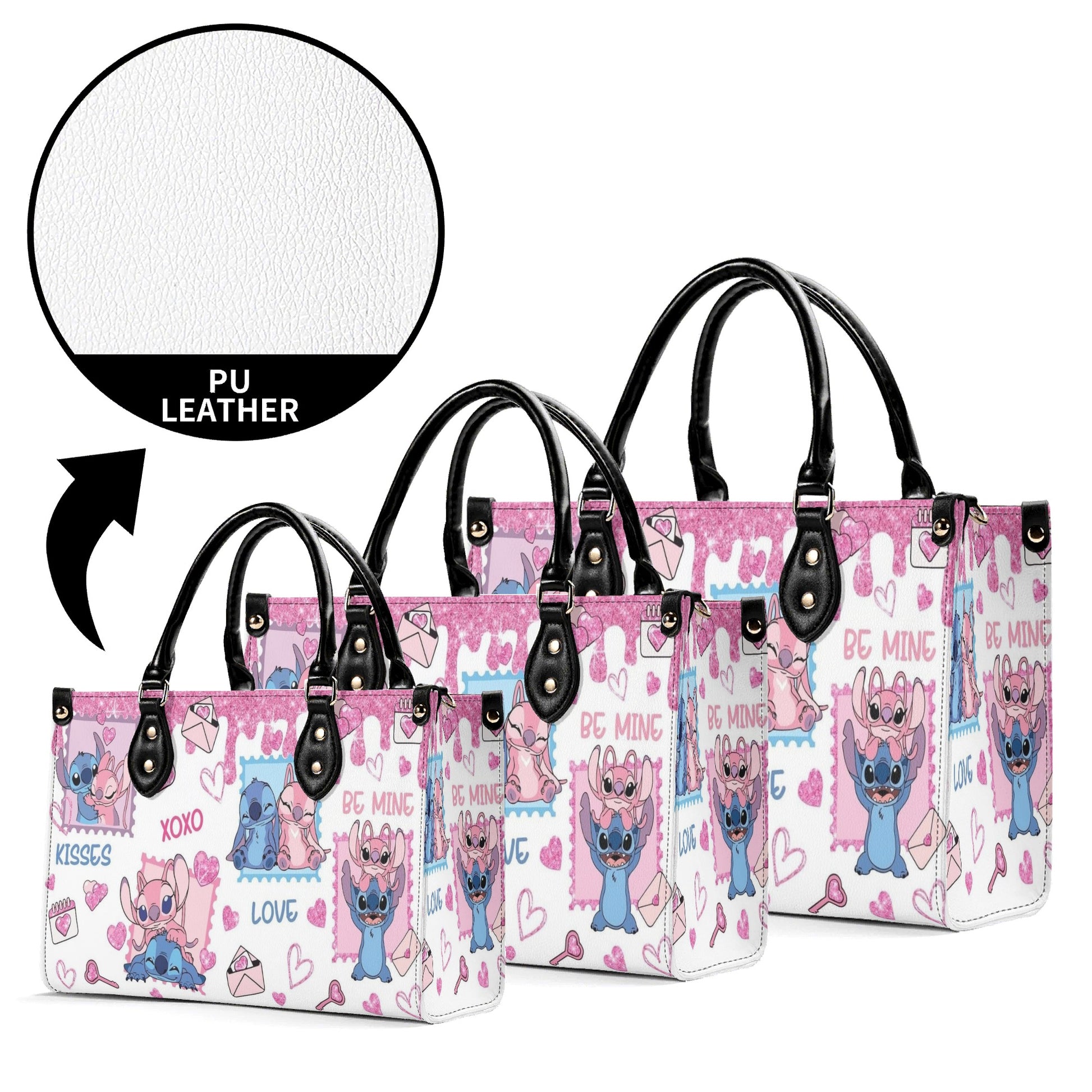 Stitch & Angel Valentine Leather Handbag, Cute Love Cartoon Tote Bag, Romantic Purse & Shoulder Bag for Women