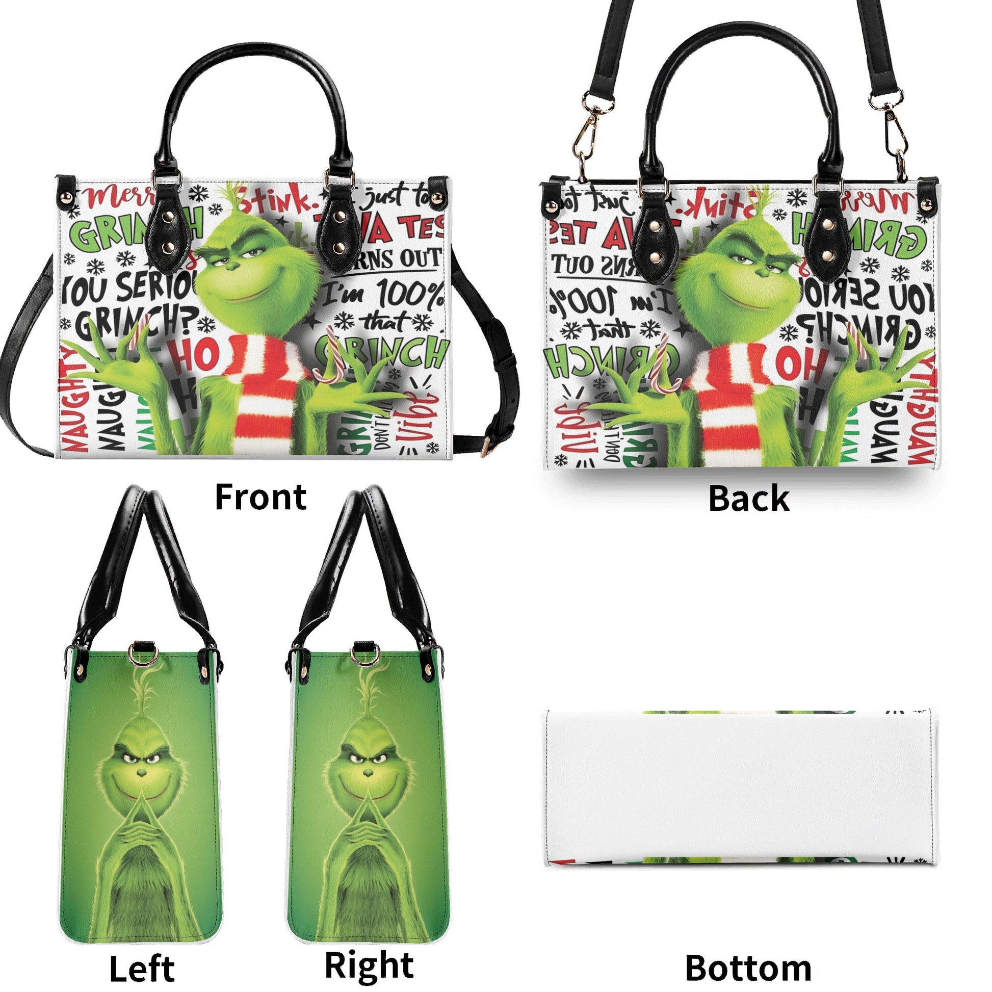 Grinch Smirk Christmas HandBag, Merry Grinchmas Purse, Funny Holiday Leather Bag, Santa Grinch Gift, Festive Green Bag