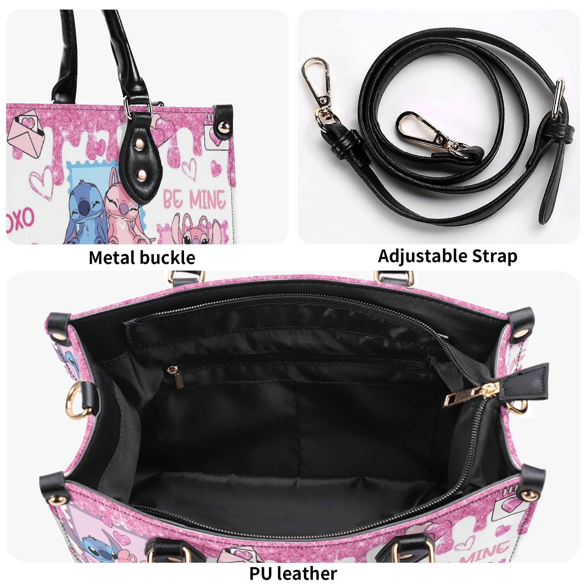 Stitch & Angel Valentine Leather Handbag, Cute Love Cartoon Tote Bag, Romantic Purse & Shoulder Bag for Women