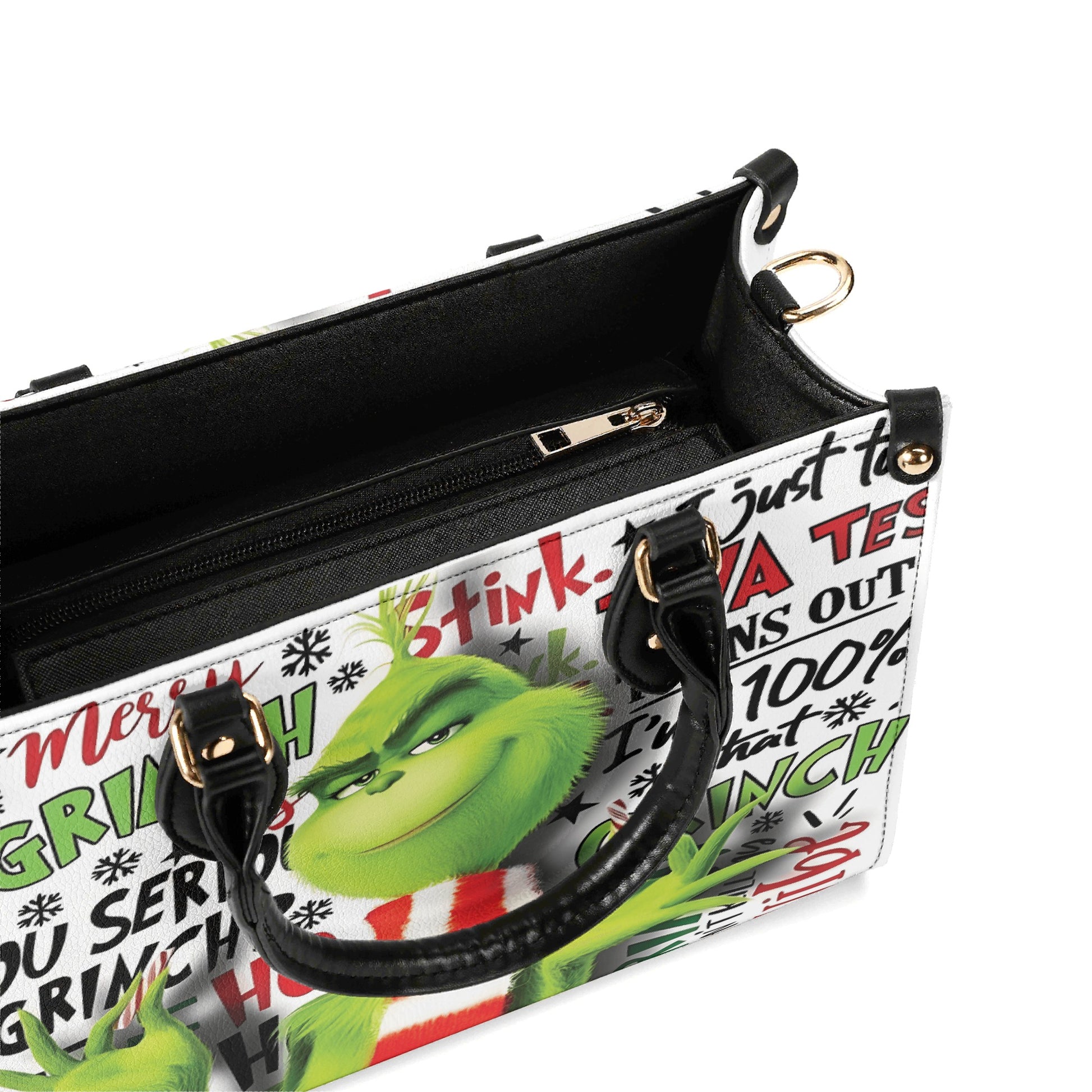 Grinch Smirk Christmas HandBag, Merry Grinchmas Purse, Funny Holiday Leather Bag, Santa Grinch Gift, Festive Green Bag