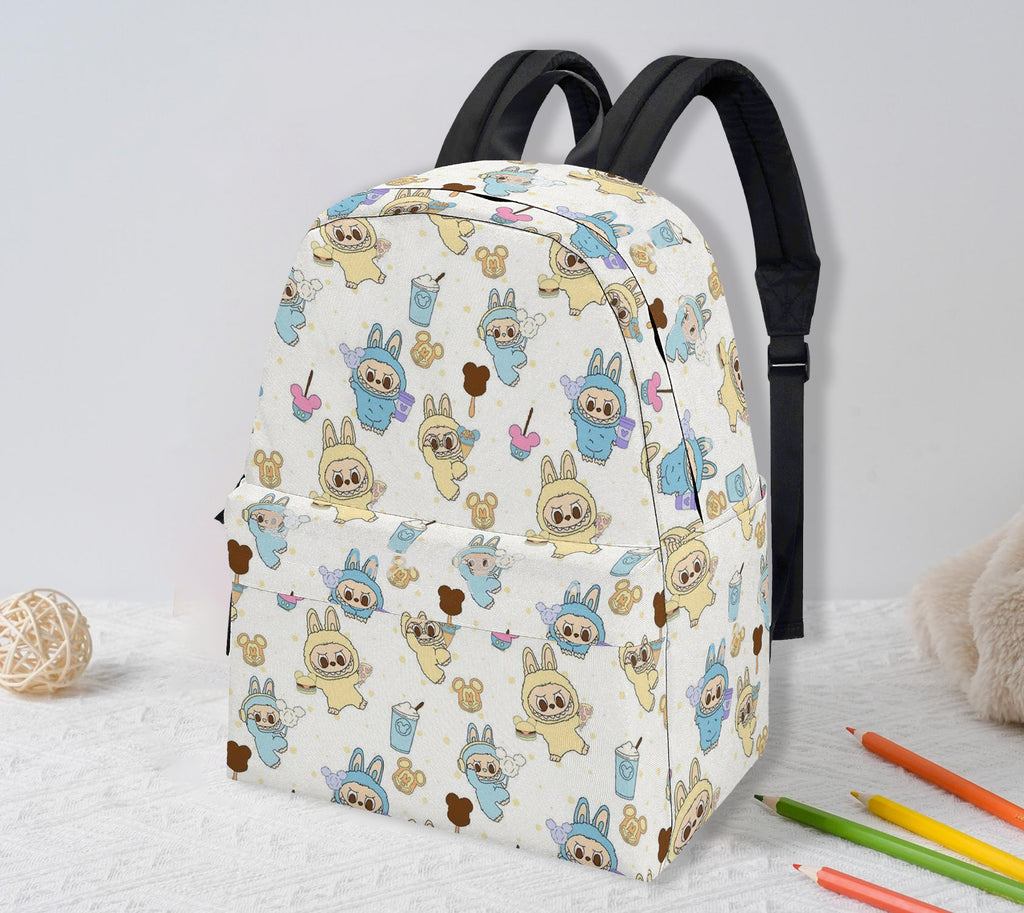 Labubu Bunny Park Backpack, Kawaii Blue & Yellow Cartoon Bag with Ice Cream & Cotton Candy, Cute Festival Bookbag for Kids & Fans BPGR10