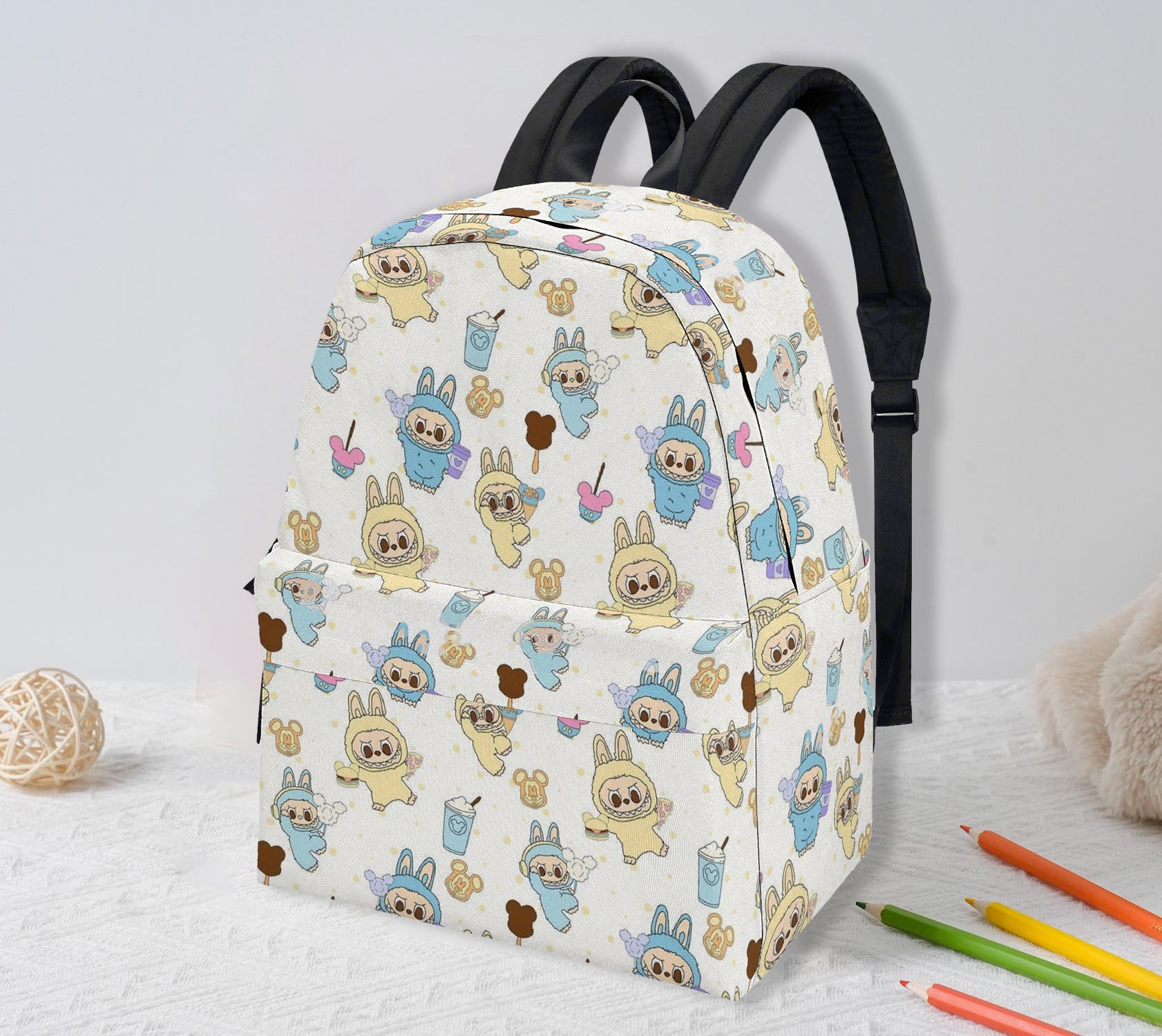 Labubu Bunny Park Backpack, Kawaii Blue & Yellow Cartoon Bag with Ice Cream & Cotton Candy, Cute Festival Bookbag for Kids & Fans BPGR10